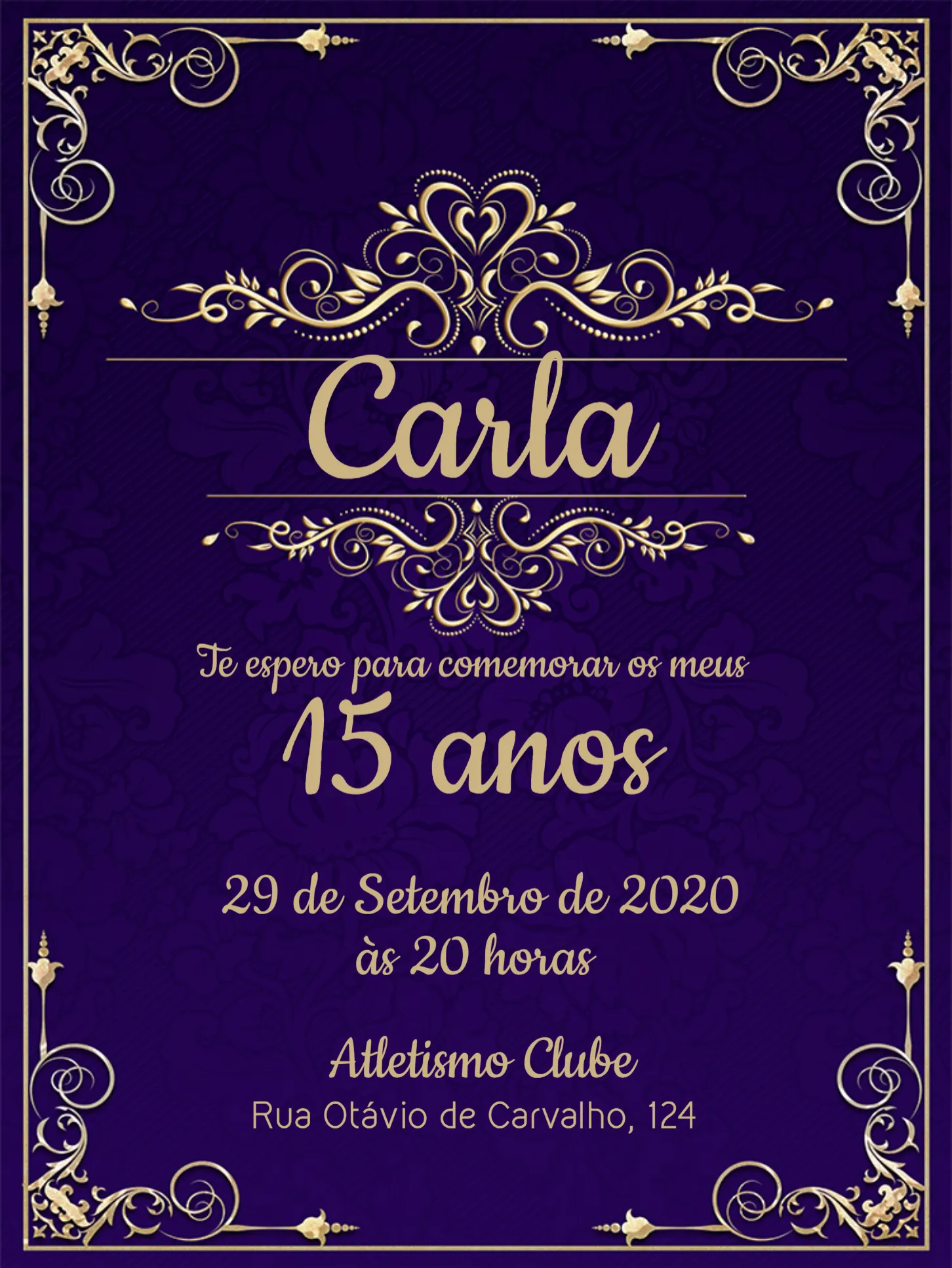 Convite 15 Anos - Azul Com Arabescos Dourados Festa editável e personalizável