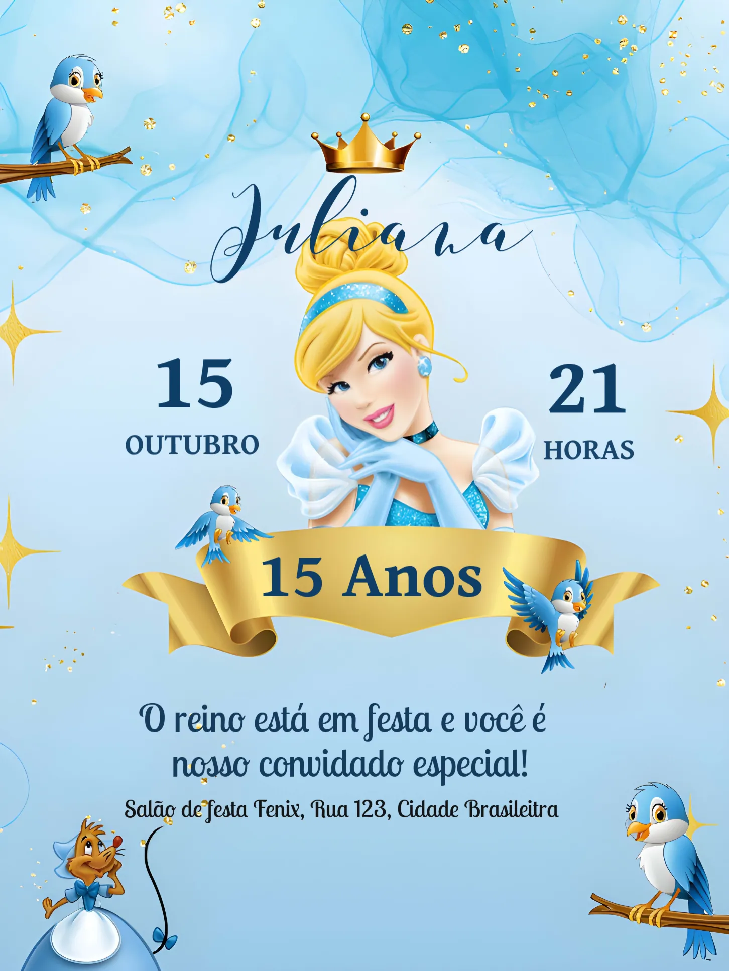 Convite 15 Anos Cinderela Amarelo editável e personalizável