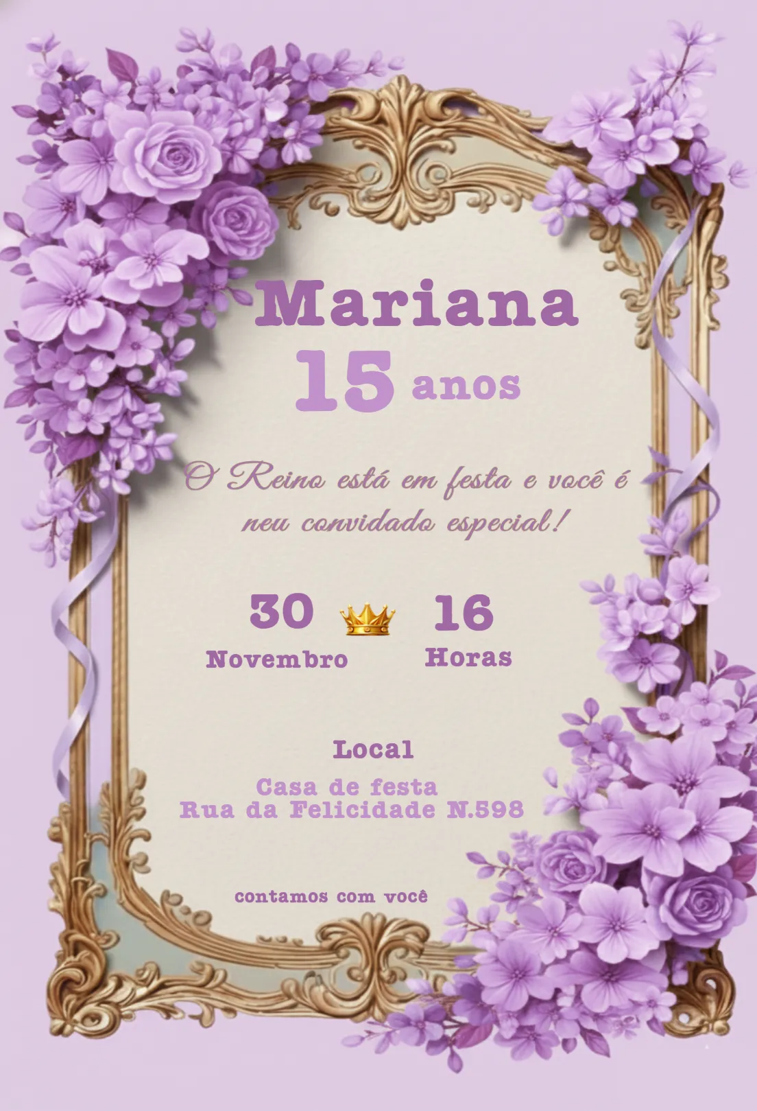 Convite 15 anos Lilás com Flores e Moldura Dourada editável e personalizável