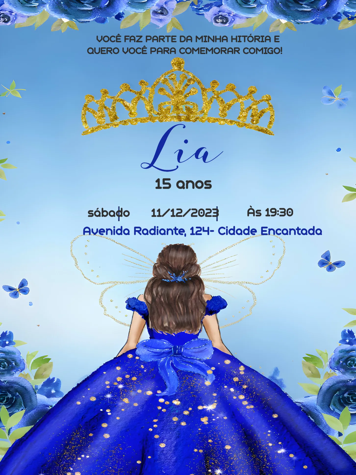 Convite 15 Anos Princesa Glitter Borboleta editável e personalizável