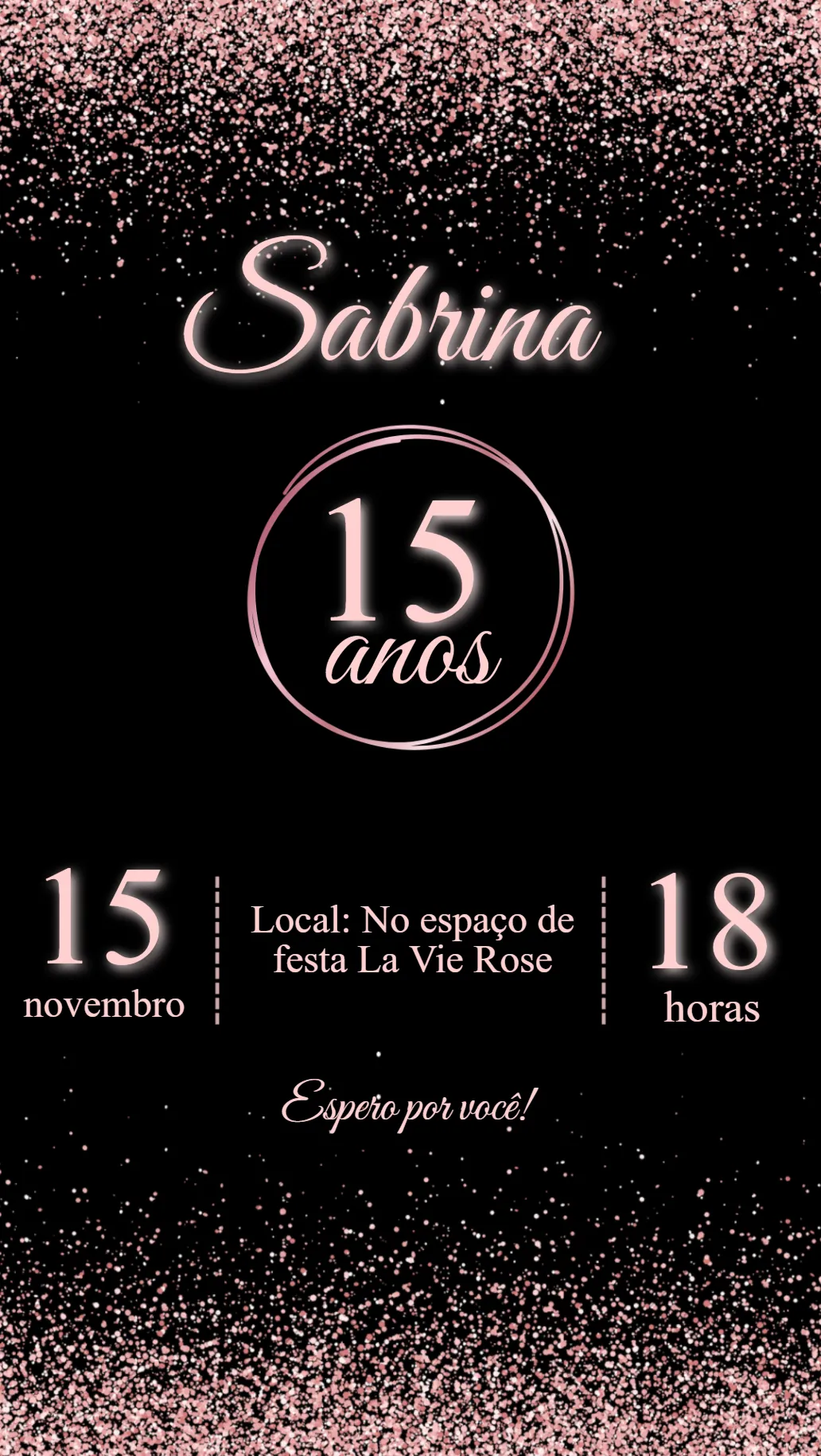 Convite 15 anos rose gold e preto editável e personalizável