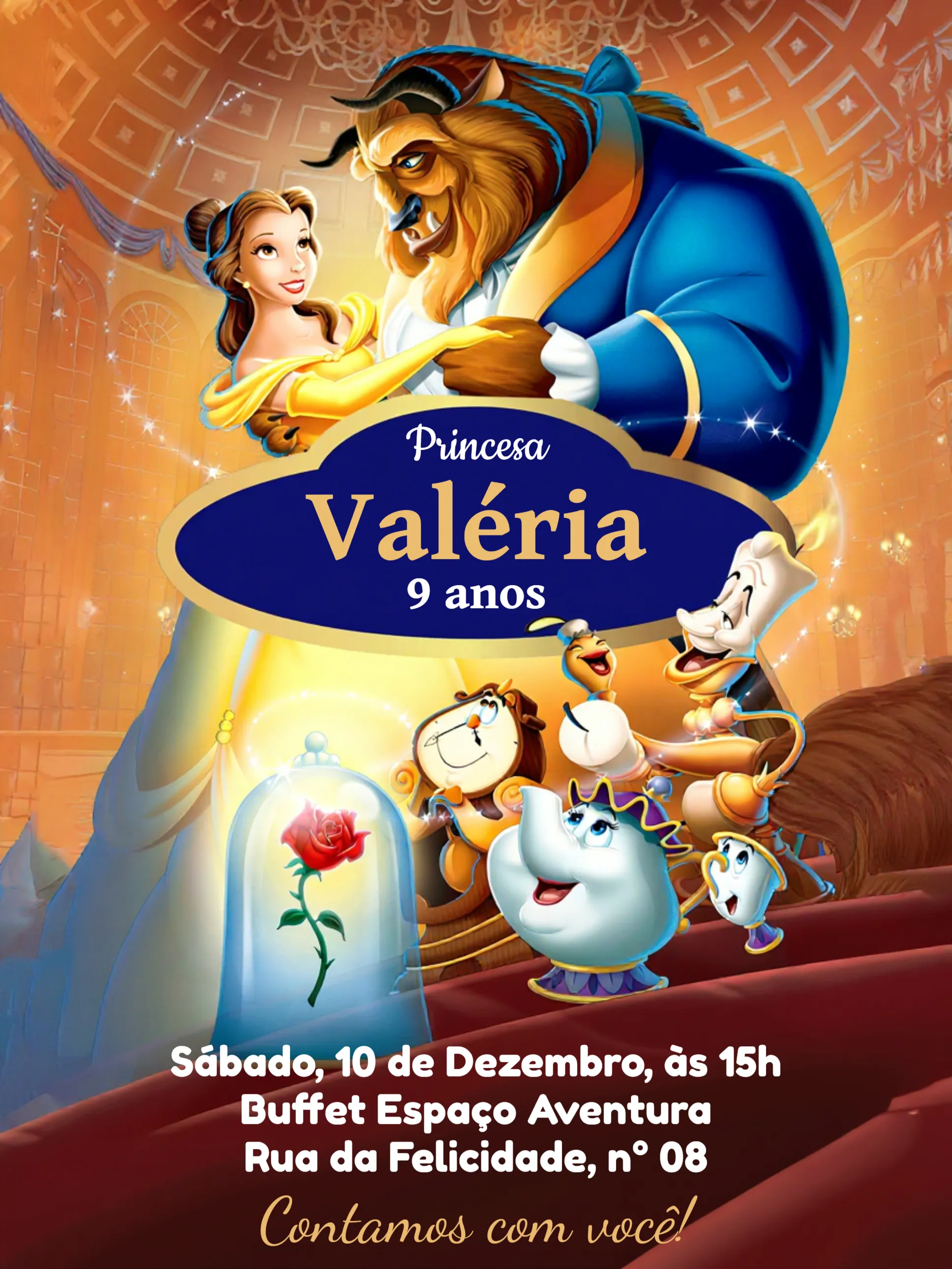 Convite A Bela E Fera Vermelho editável e personalizável