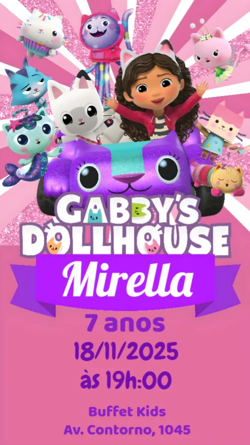 Convite A Casa Mágica da Gabby editável e personalizável