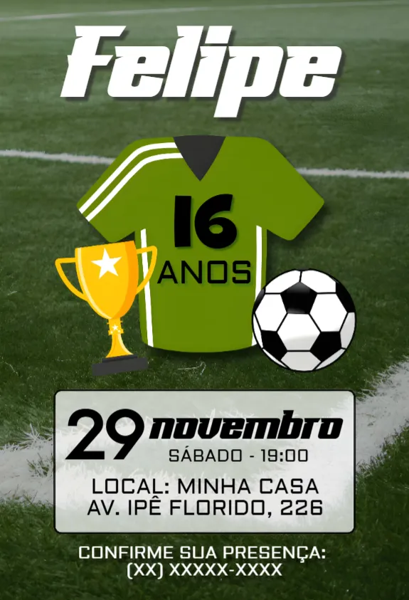 Convite Aniversário Futebol editável e personalizável