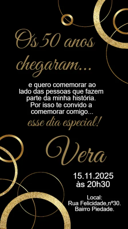 Convite Aniversário Preto e Dourado 50 anos editável e personalizável