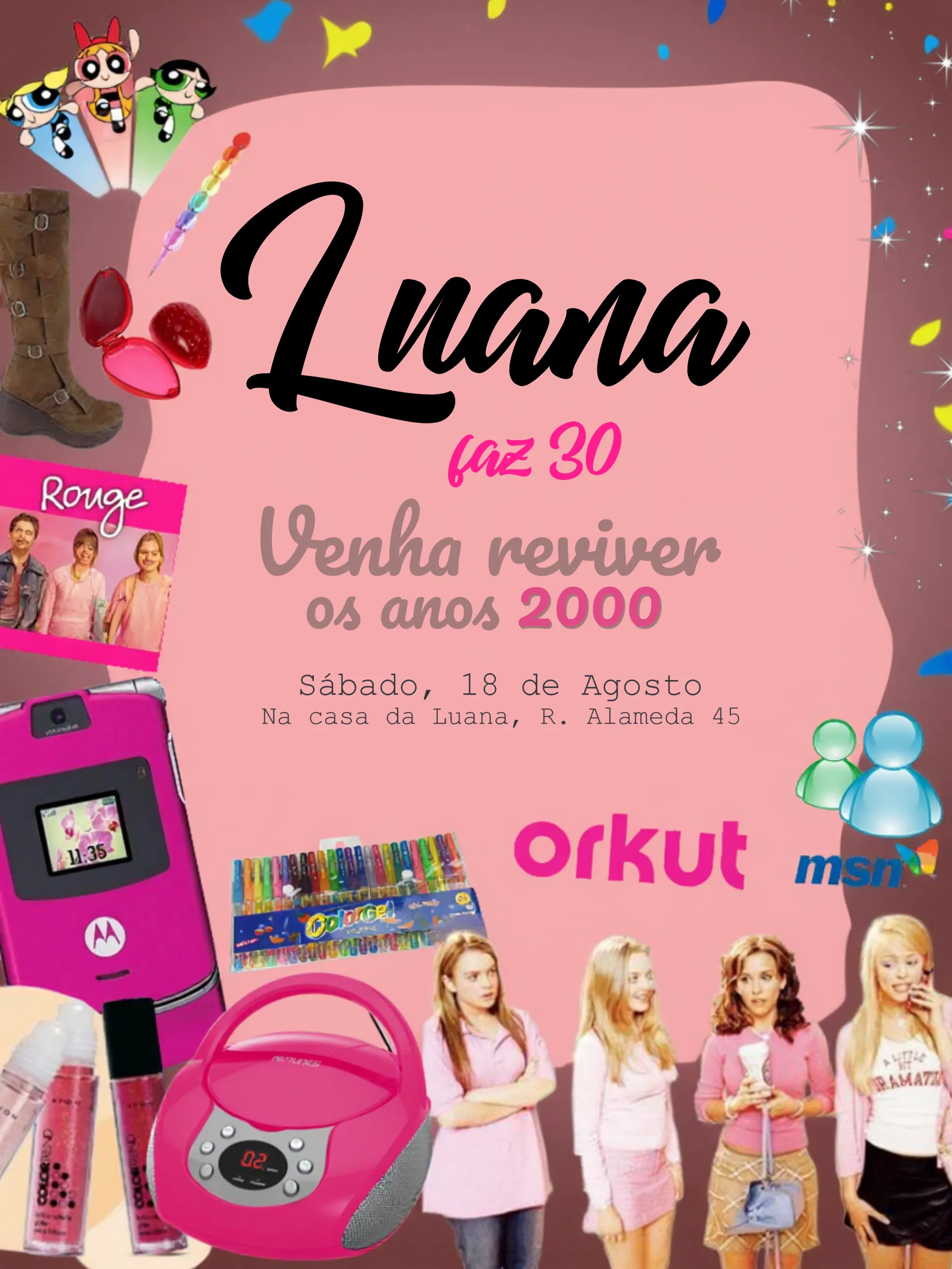 Convite Anos 2000 Vintage Menina editável e personalizável