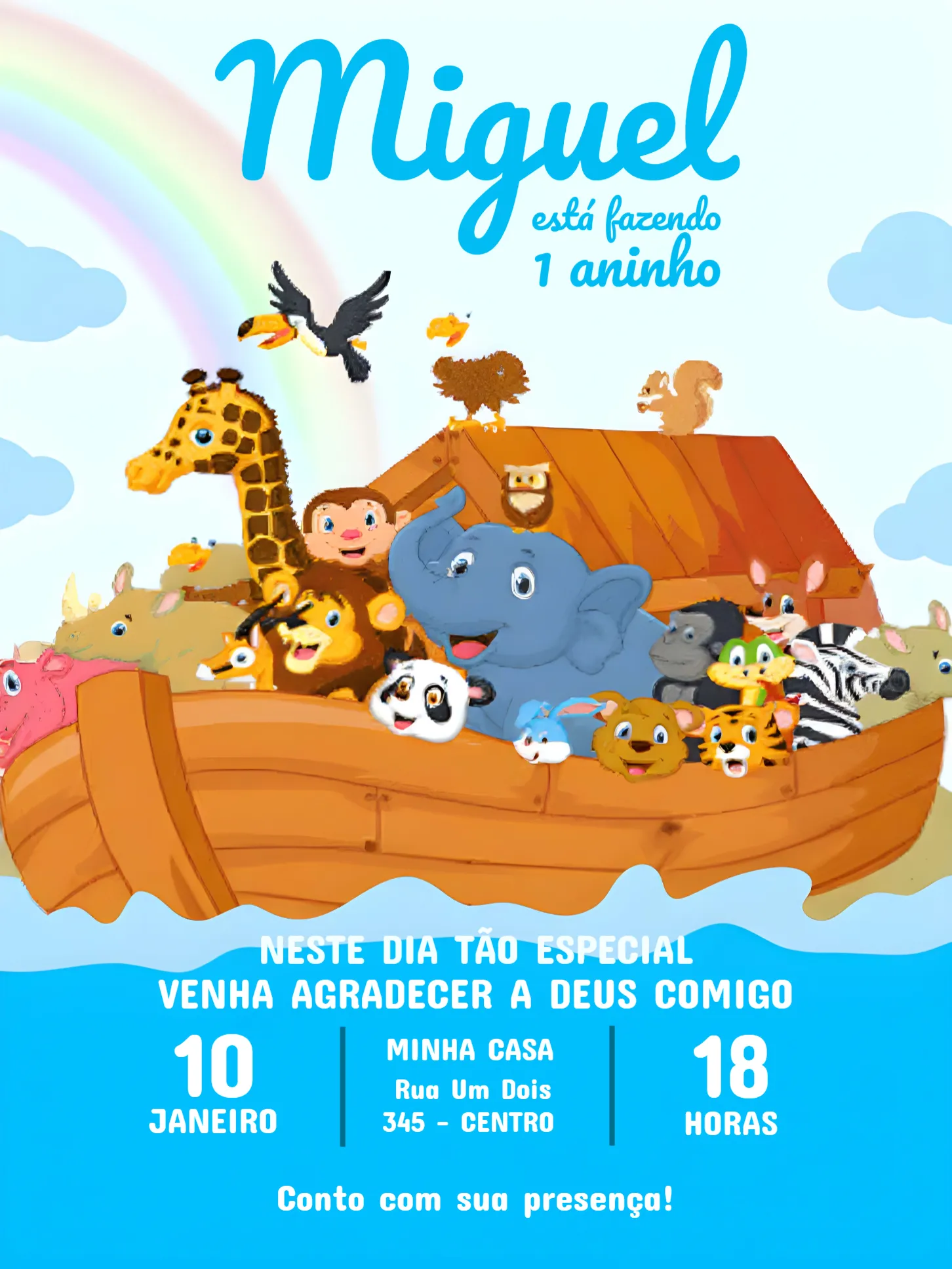 Convite Arca De Noé Festa editável e personalizável