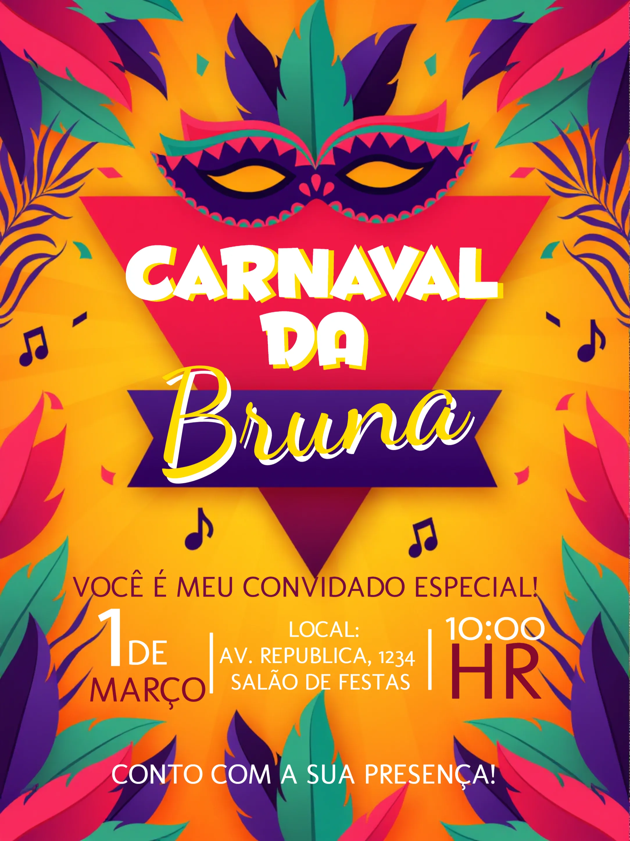 Convite Baile Carnaval Colorido editável e personalizável