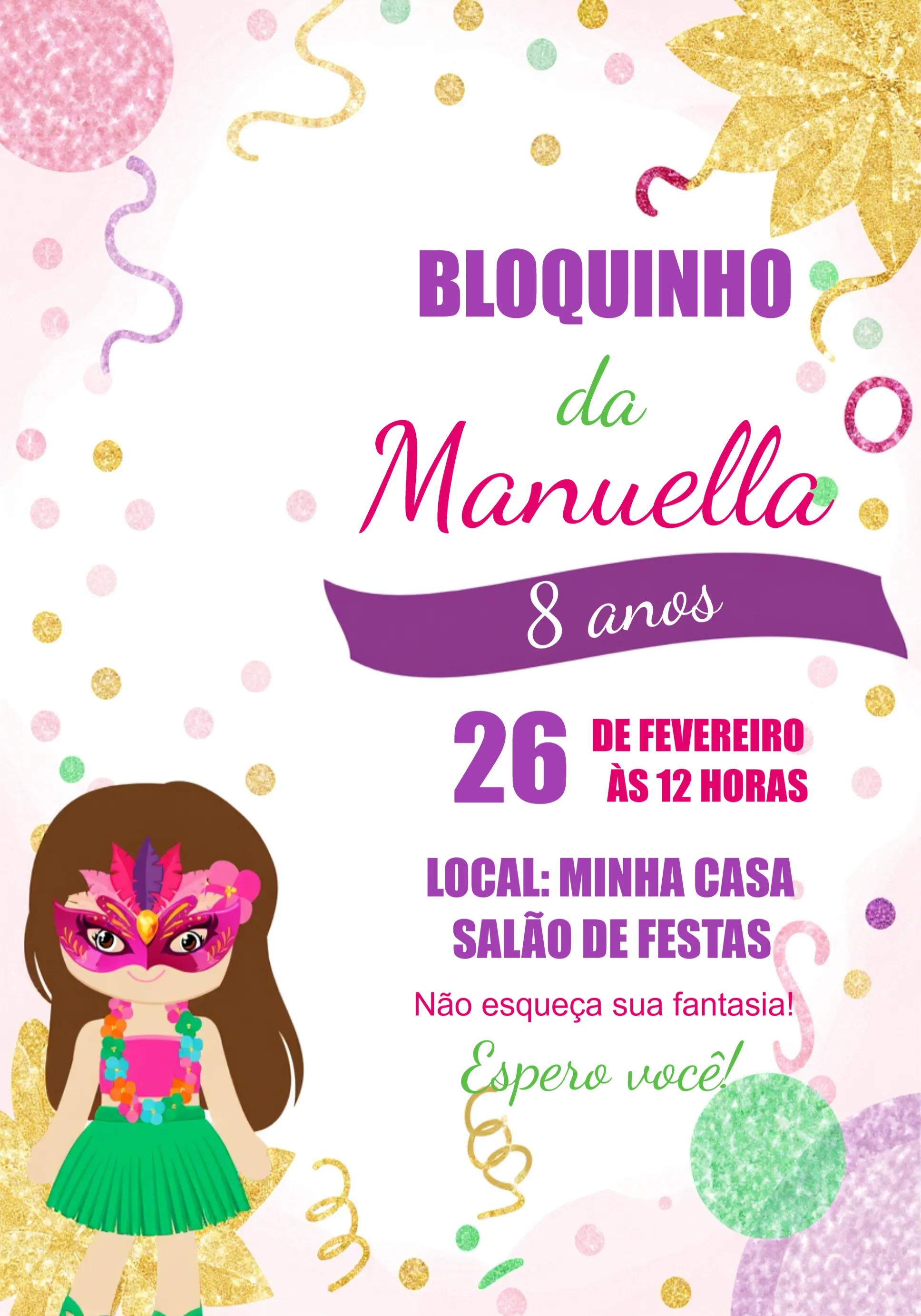 Convite Bailinho De Carnaval Serpentina editável e personalizável