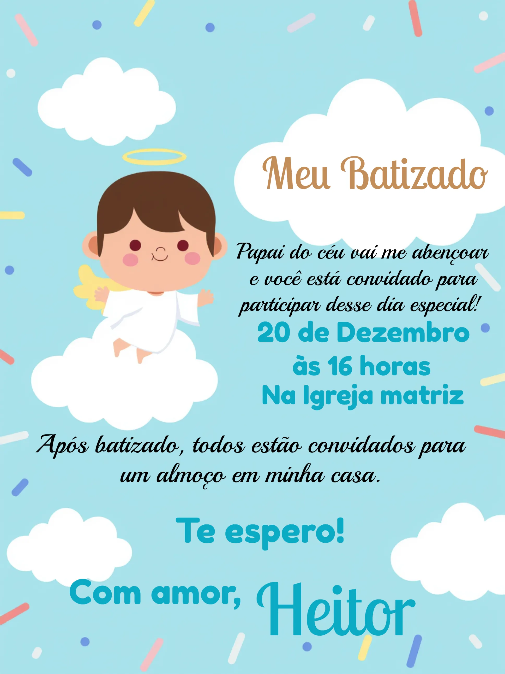 Convite Batizado Anjinho Anjinha editável e personalizável