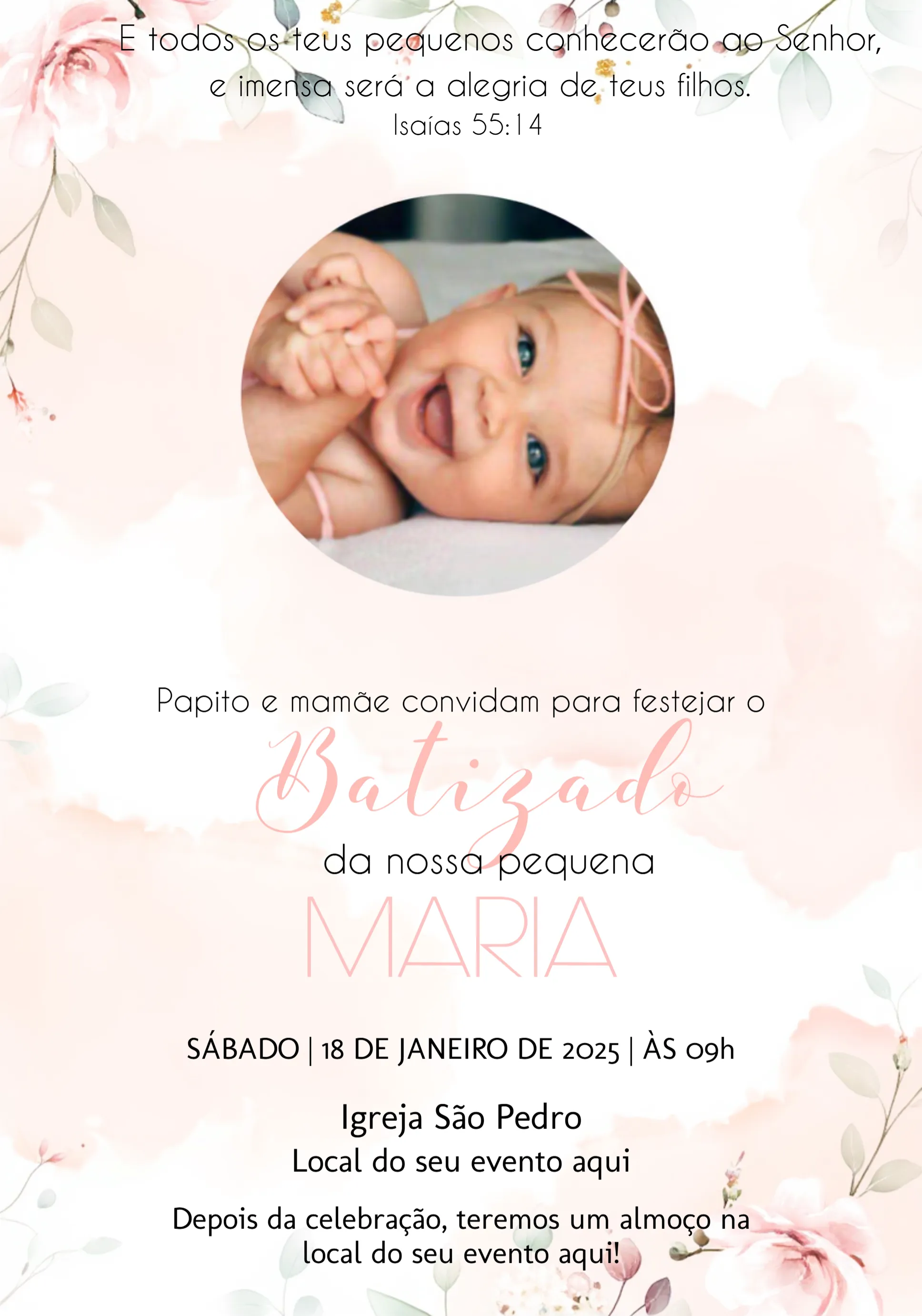 Convite Batizado Floral Com Foto Delicado editável e personalizável
