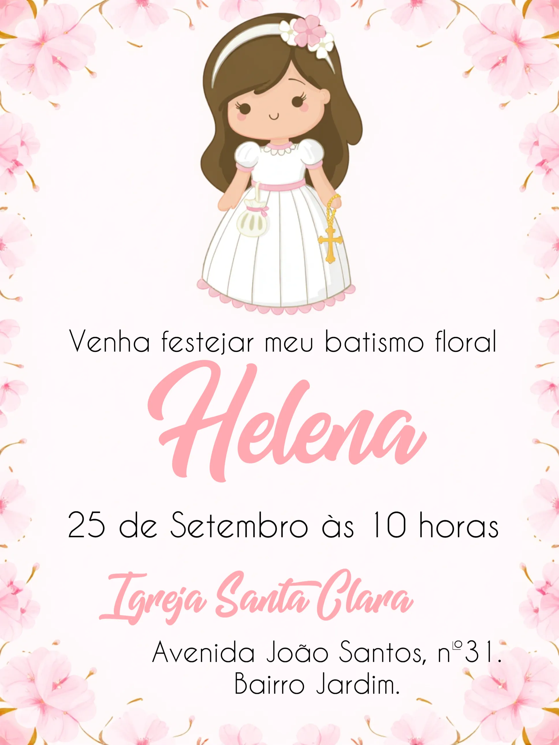 Convite Batizado Menina editável e personalizável