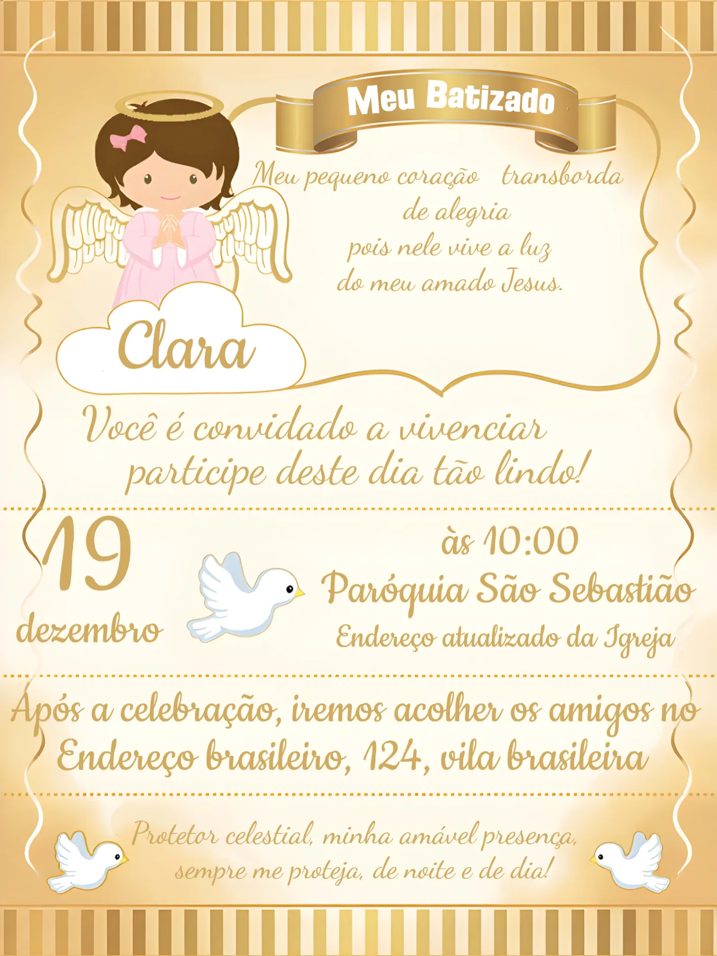 Convite Batizado Menina Branco editável e personalizável
