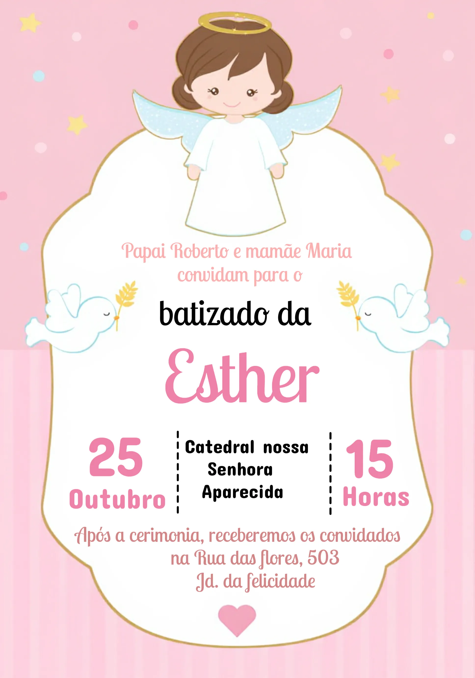 Convite Batizado Menina Rosa Batismo editável e personalizável