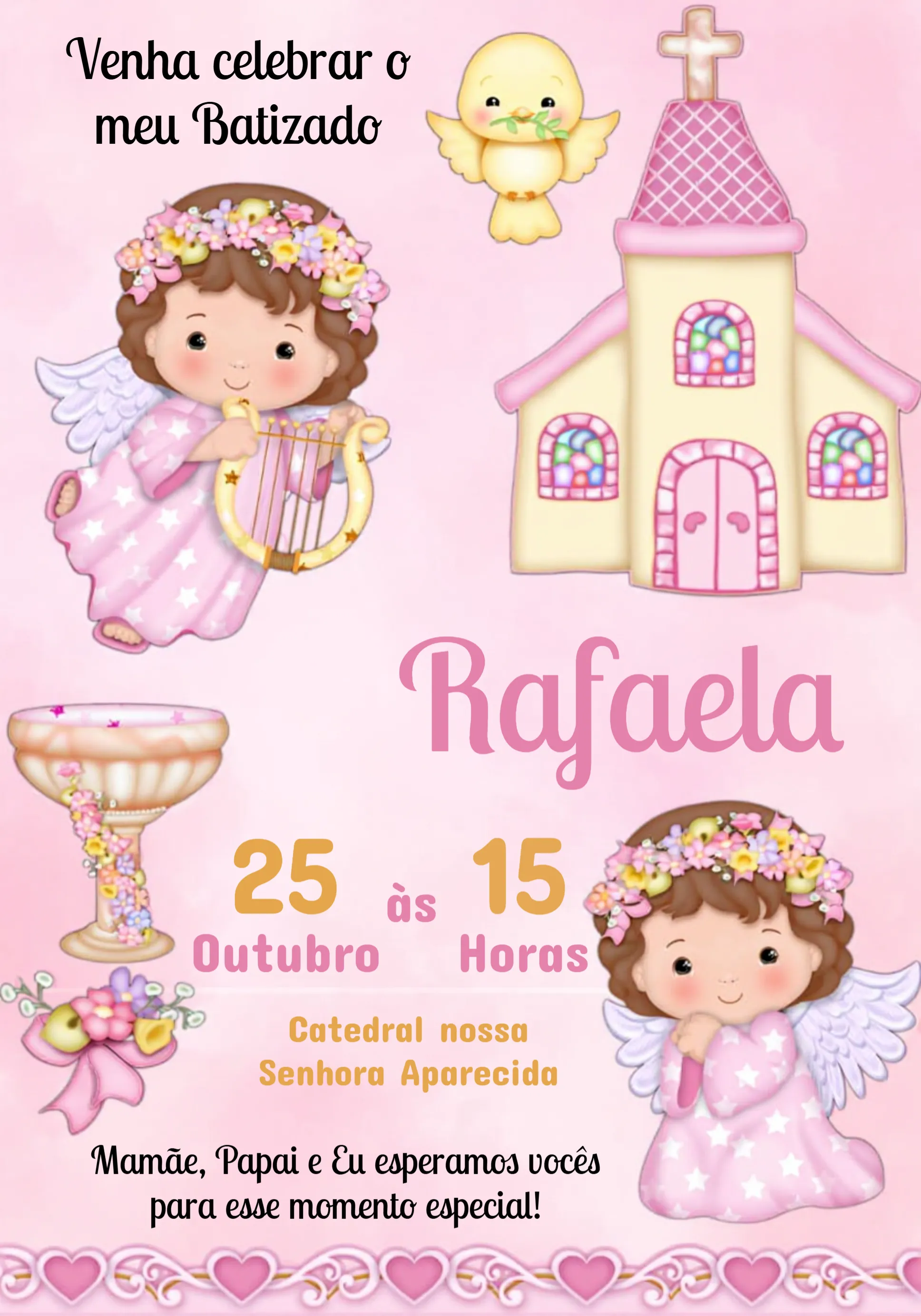 Convite Batizado Menina Rosa Primeira editável e personalizável