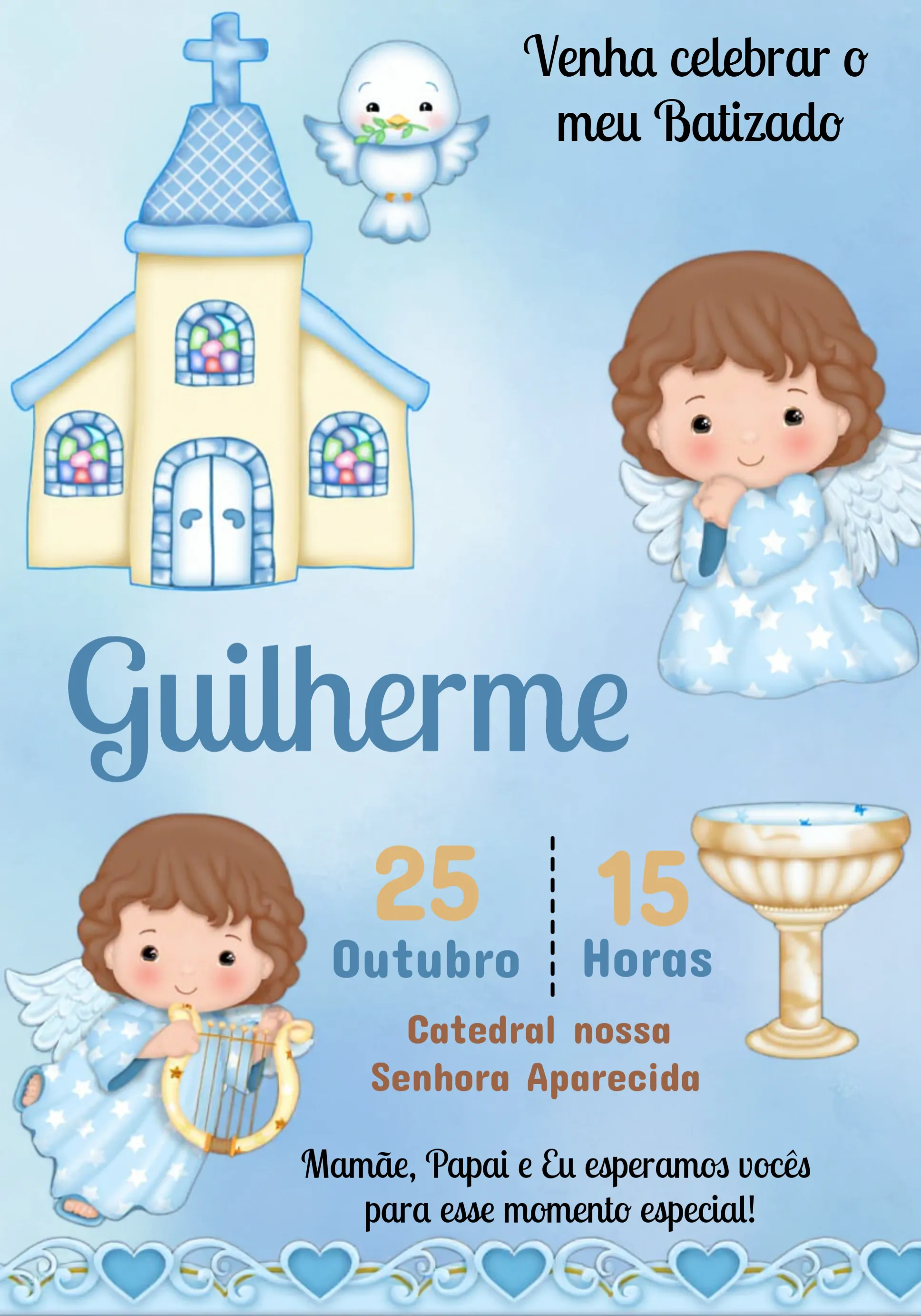 Convite Batizado Menino Anjinho Comunhão editável e personalizável