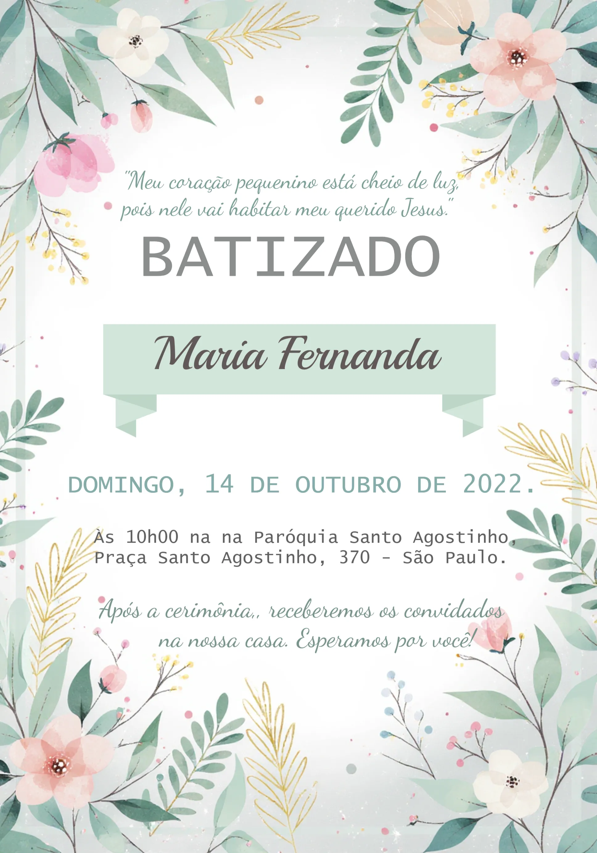 Convite Batizado Rosa editável e personalizável