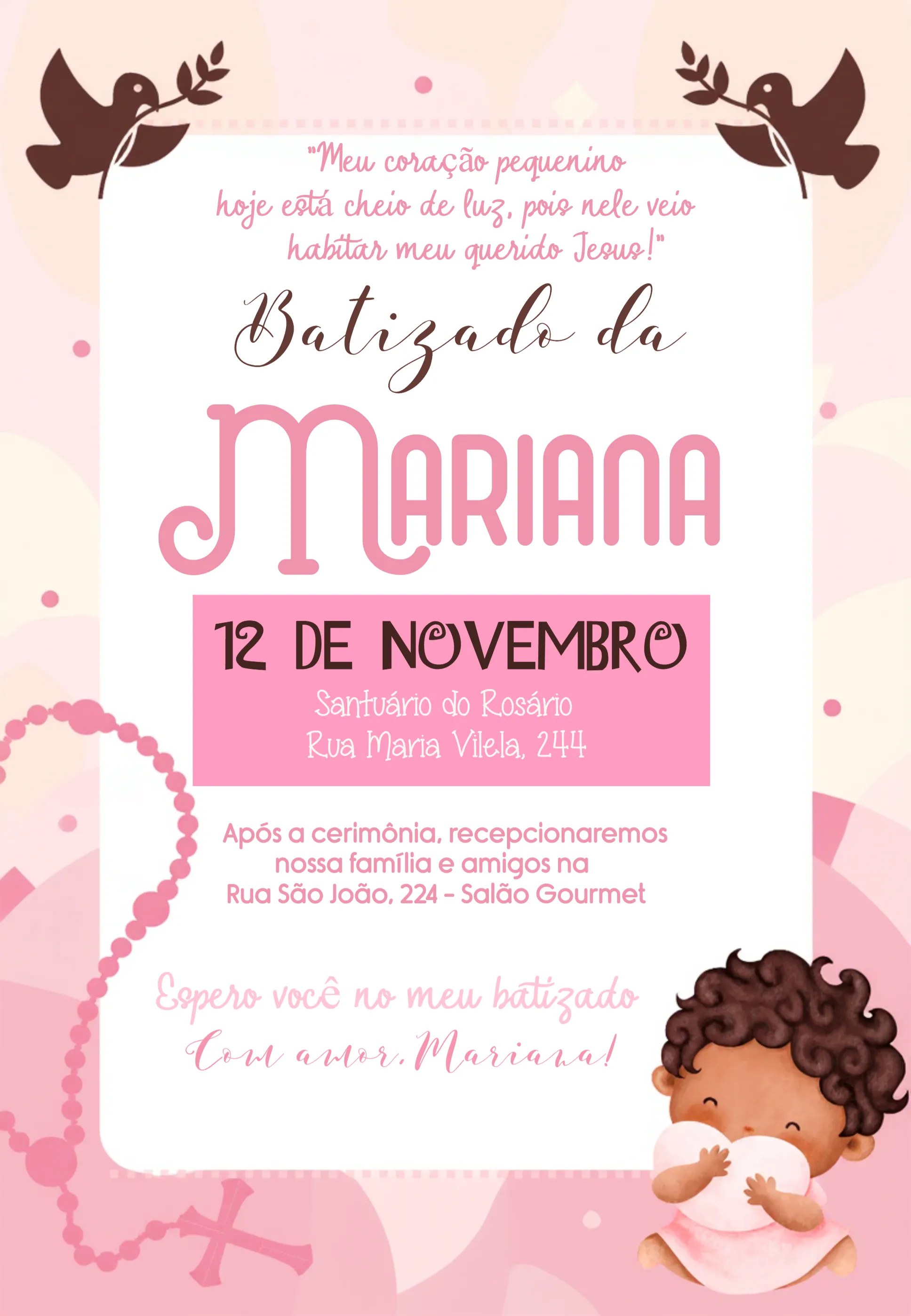 Convite Batizado Rosa editável e personalizável