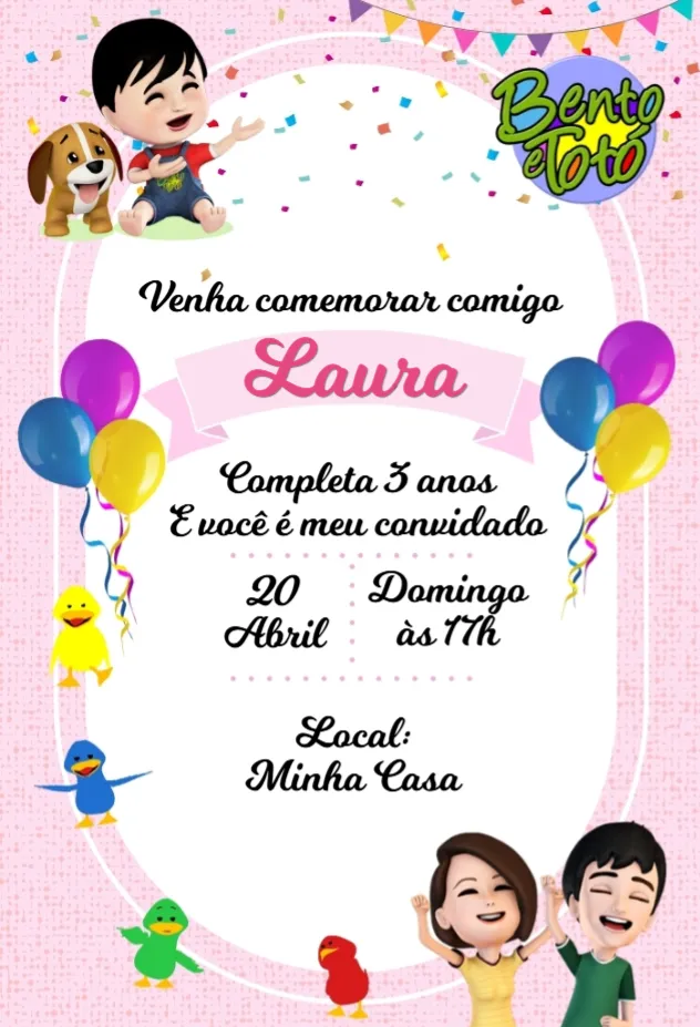 Convite Bento e Totó Rosa editável e personalizável