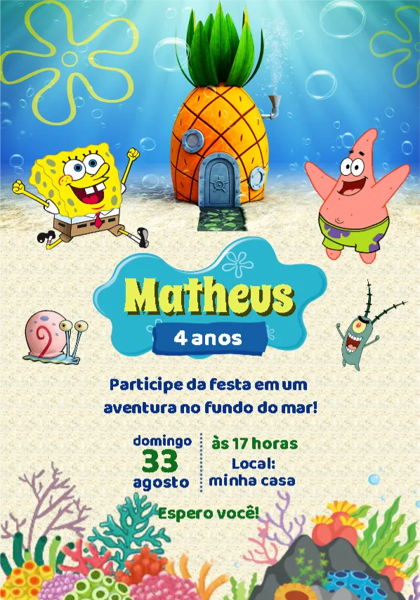 Convite Bob Esponja Mar editável e personalizável
