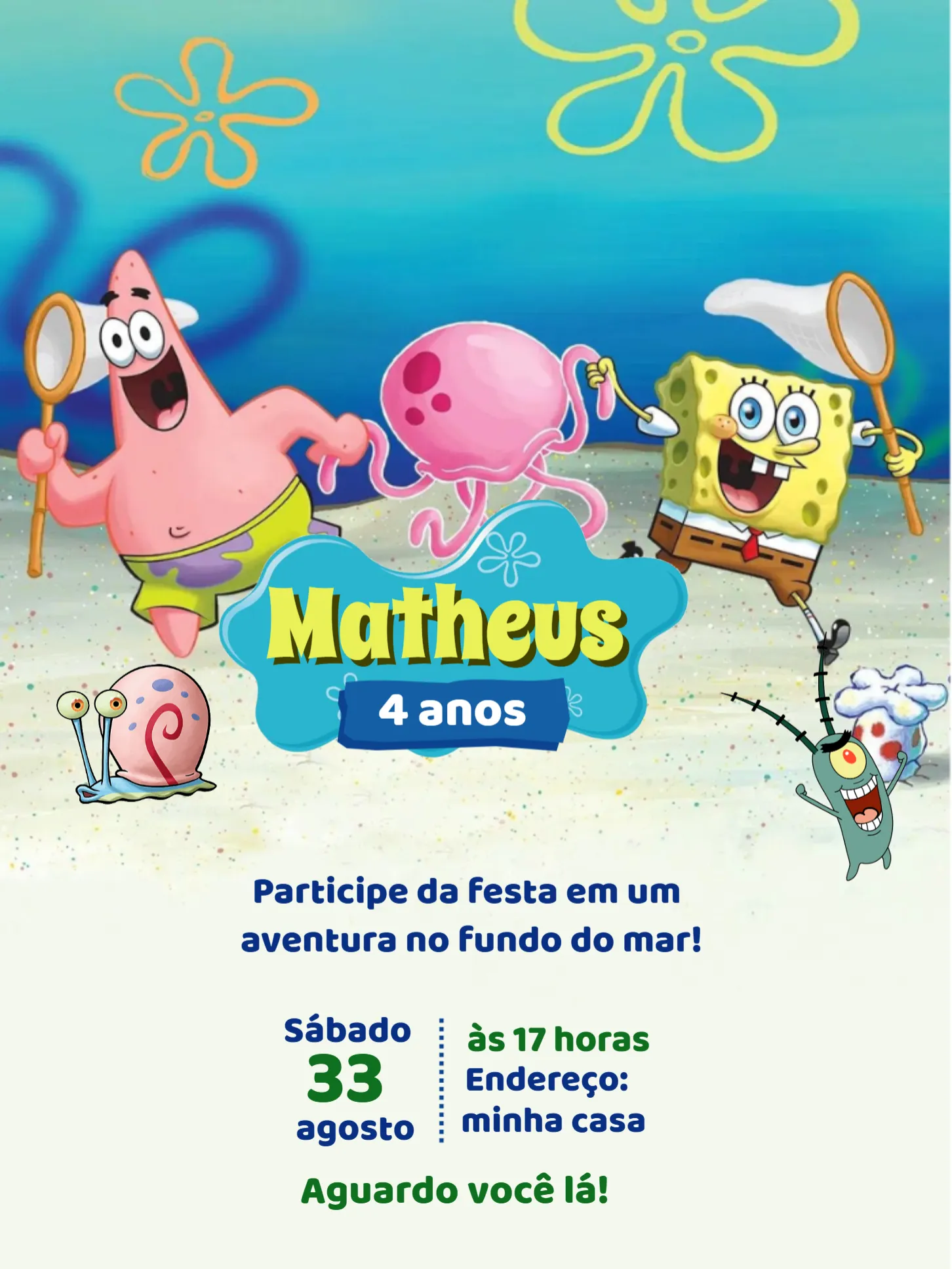Convite Bob Esponja Mar editável e personalizável