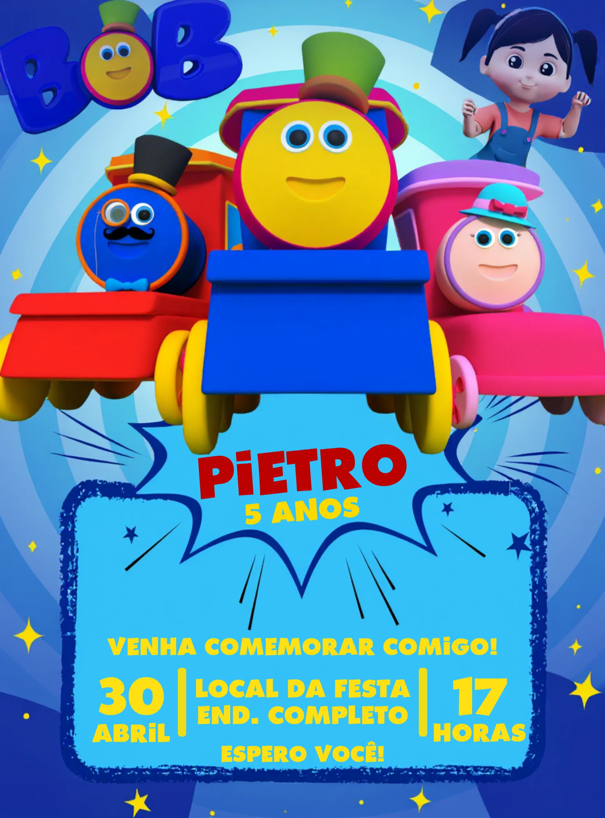 Convite Bob O Trem Amarelo editável e personalizável