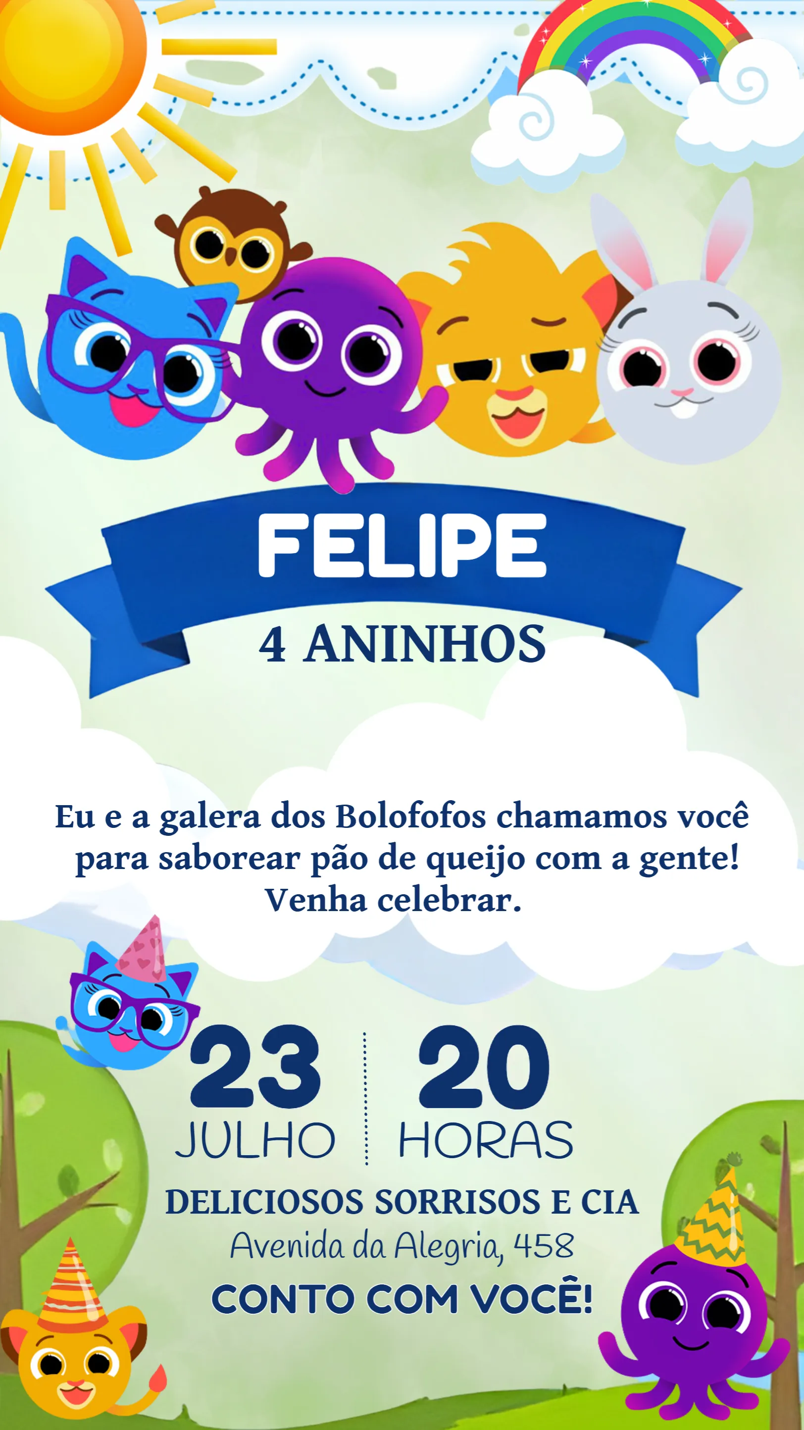 Convite Bolofofos Colorido editável e personalizável