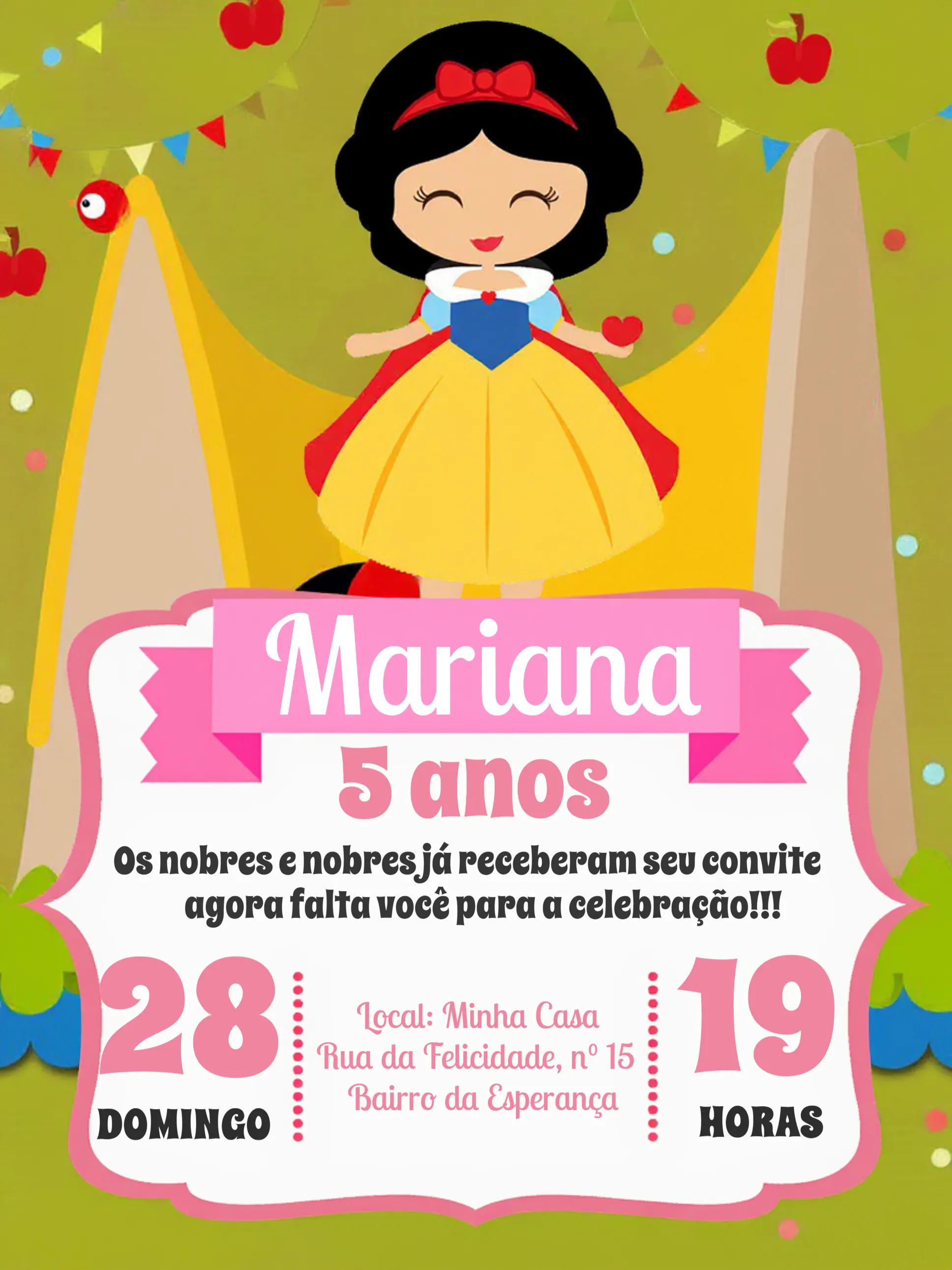Convite Branca De Neve Princesa editável e personalizável