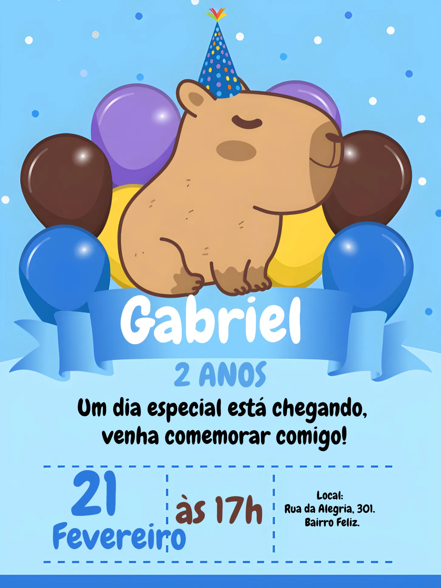 Convite Capivara Azul Menino Bexigas para aniversário infantil