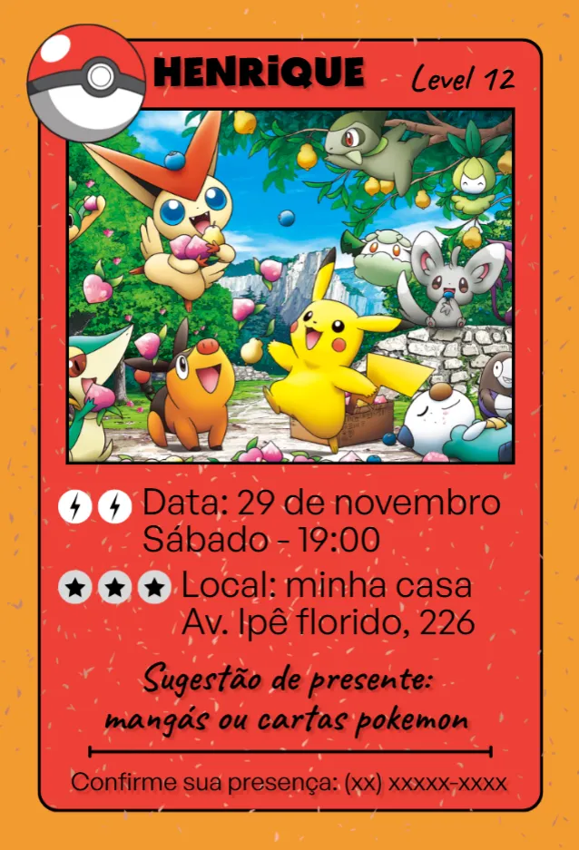 Convite Card Pokemon editável e personalizável