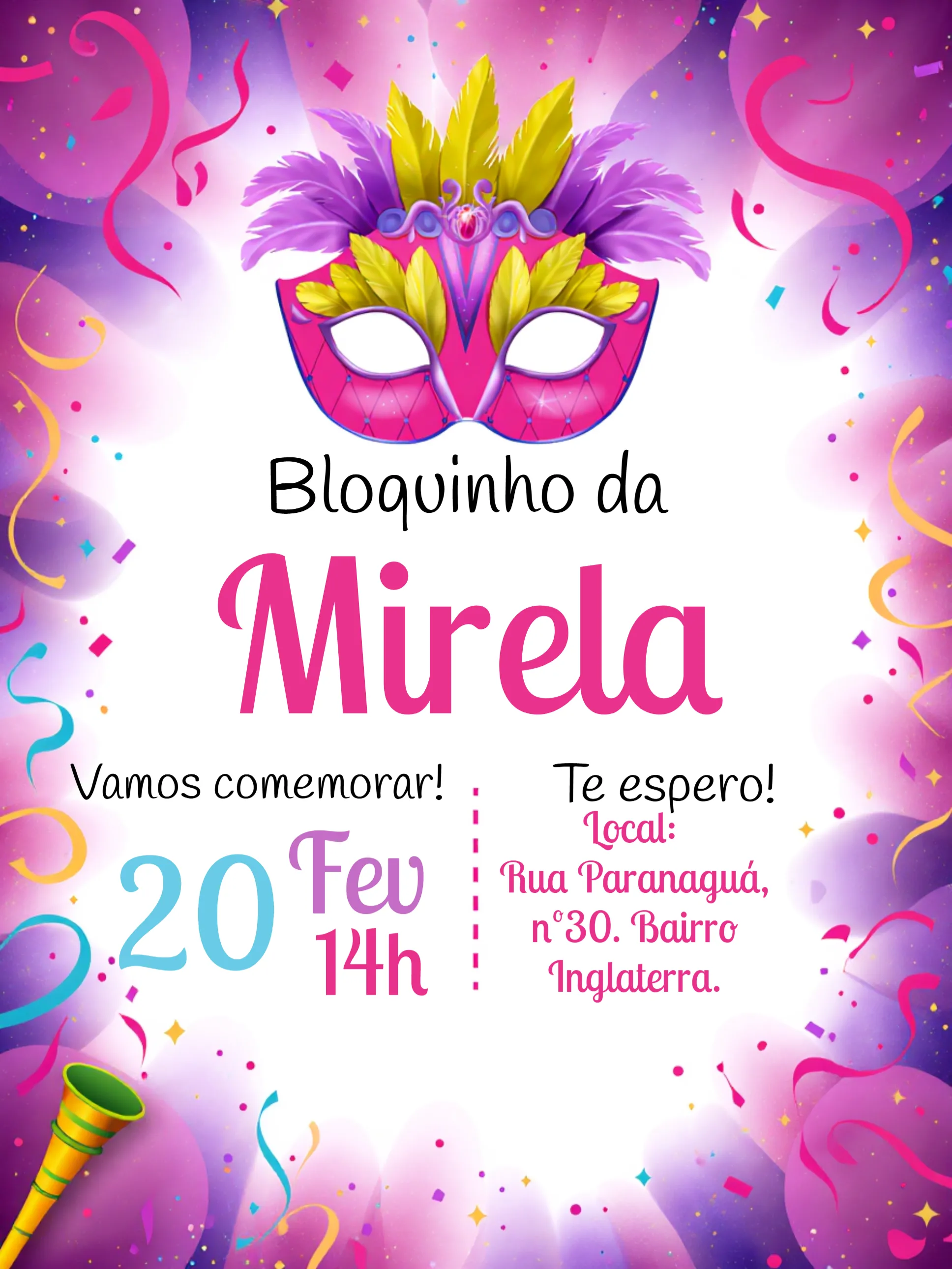 Convite Carnaval Bloquinho Amarelo editável e personalizável