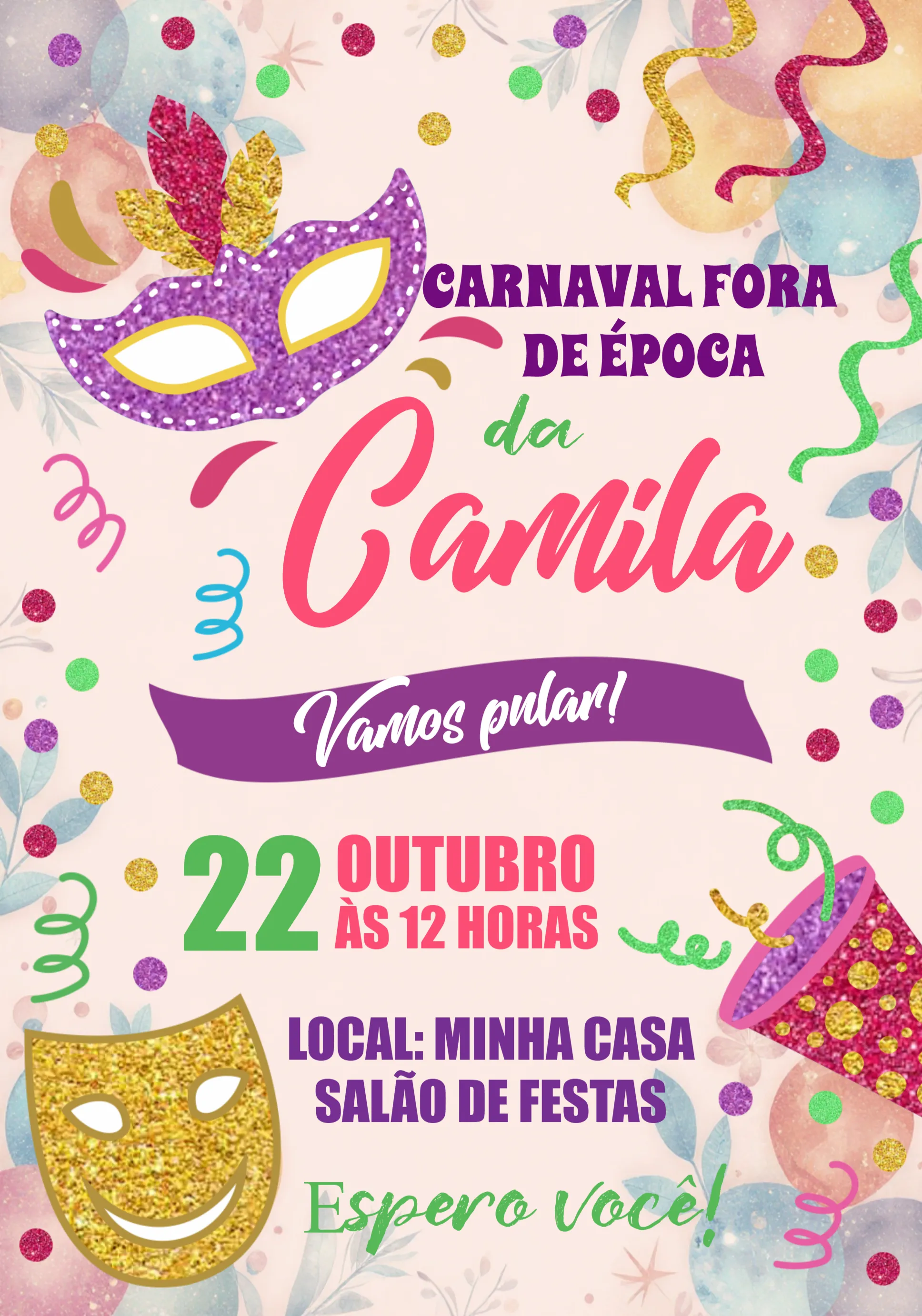 Convite Carnaval Máscara editável e personalizável