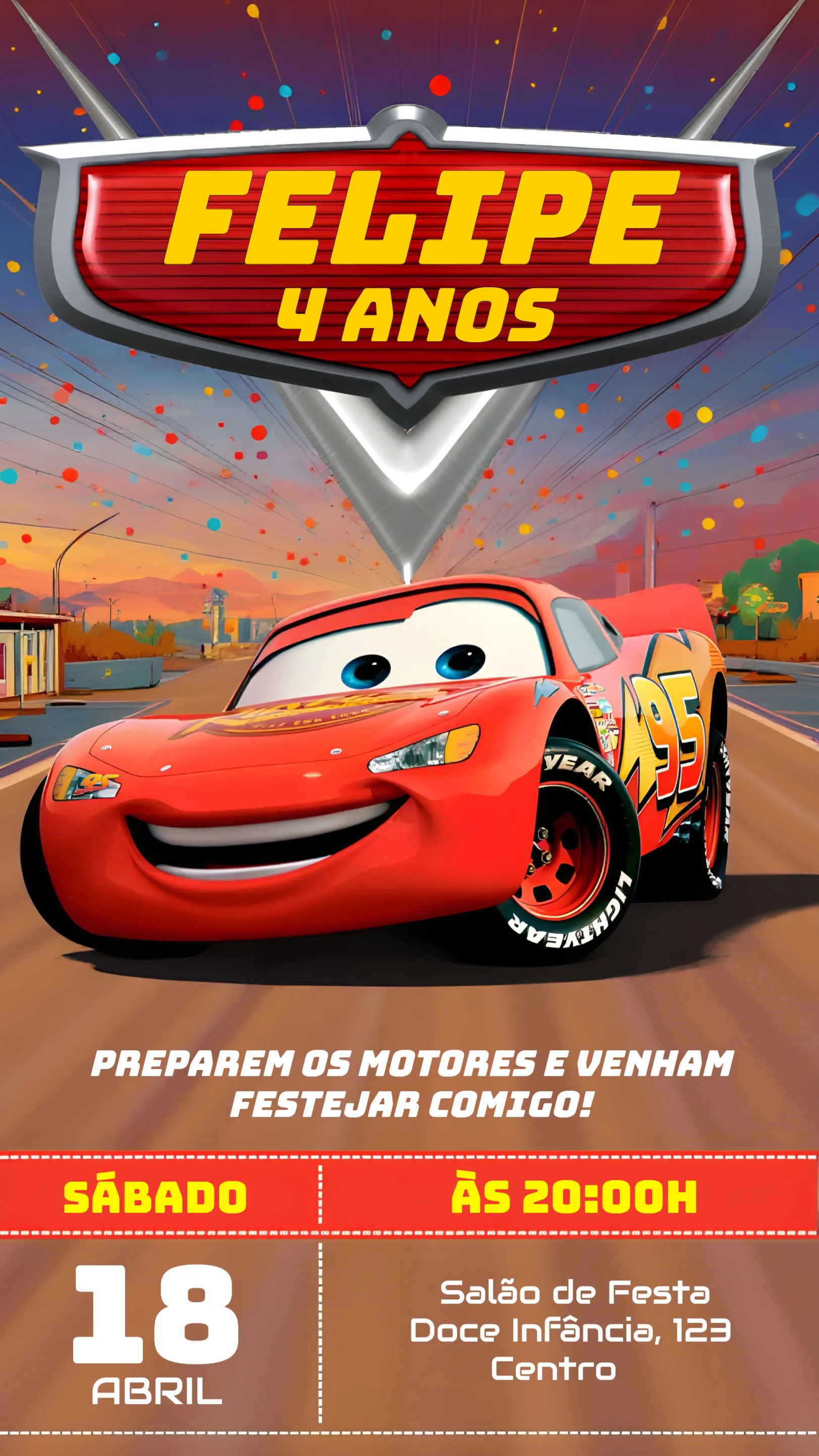 Convite Carros Relâmpago Mcqueen editável e personalizável