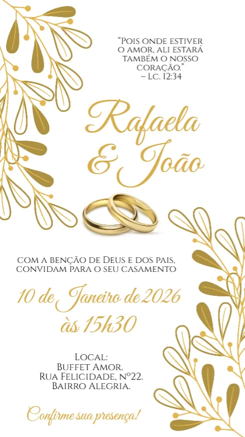 Convite Casamento Dourado Aliança  editável e personalizável