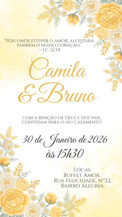 Convite Casamento Floral Amarelo editável e personalizável
