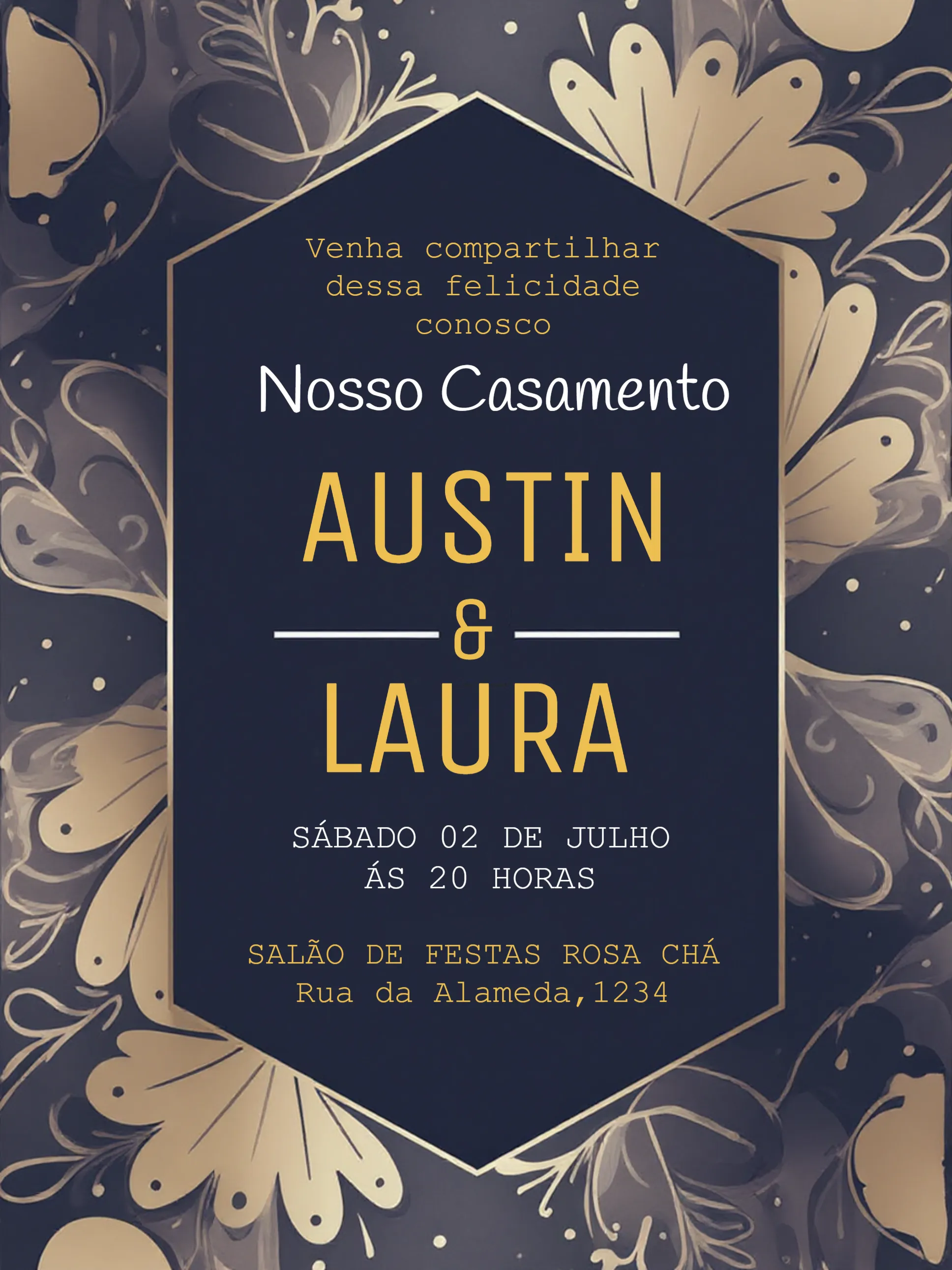 Convite Casamento Floral Azul editável e personalizável