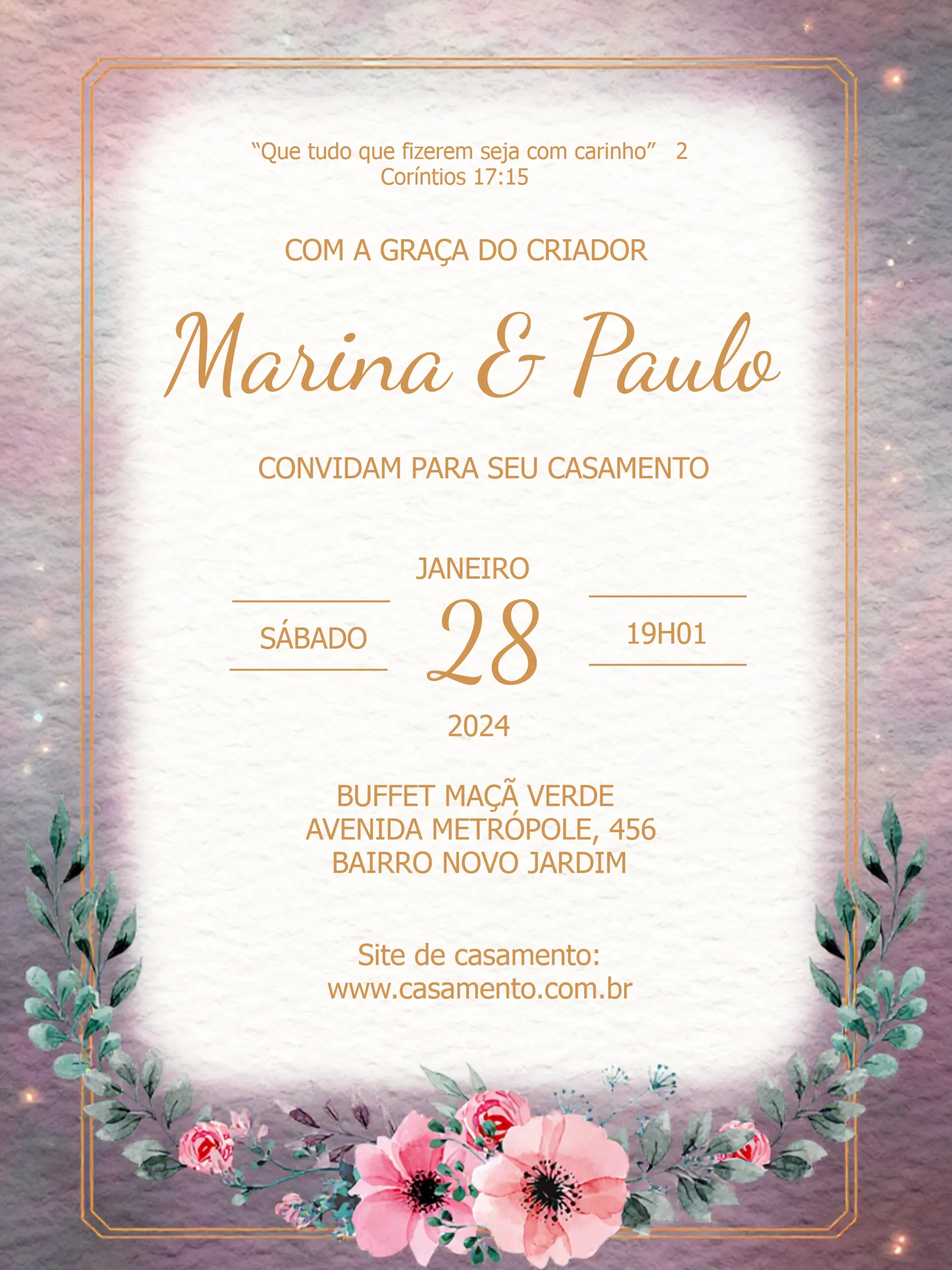 Convite Casamento Floral Dourado editável e personalizável