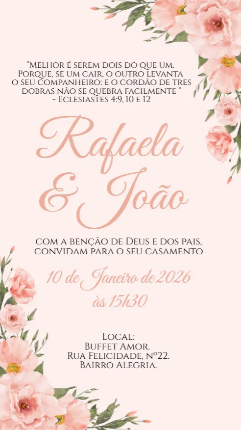 Convite Casamento floral Rose Pêssego editável e personalizável