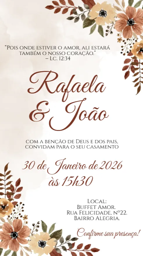 Convite Casamento floral Terracota Marrom editável e personalizável