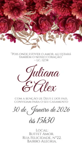 Convite Casamento floral vermelho Vinho Burgund editável e personalizável