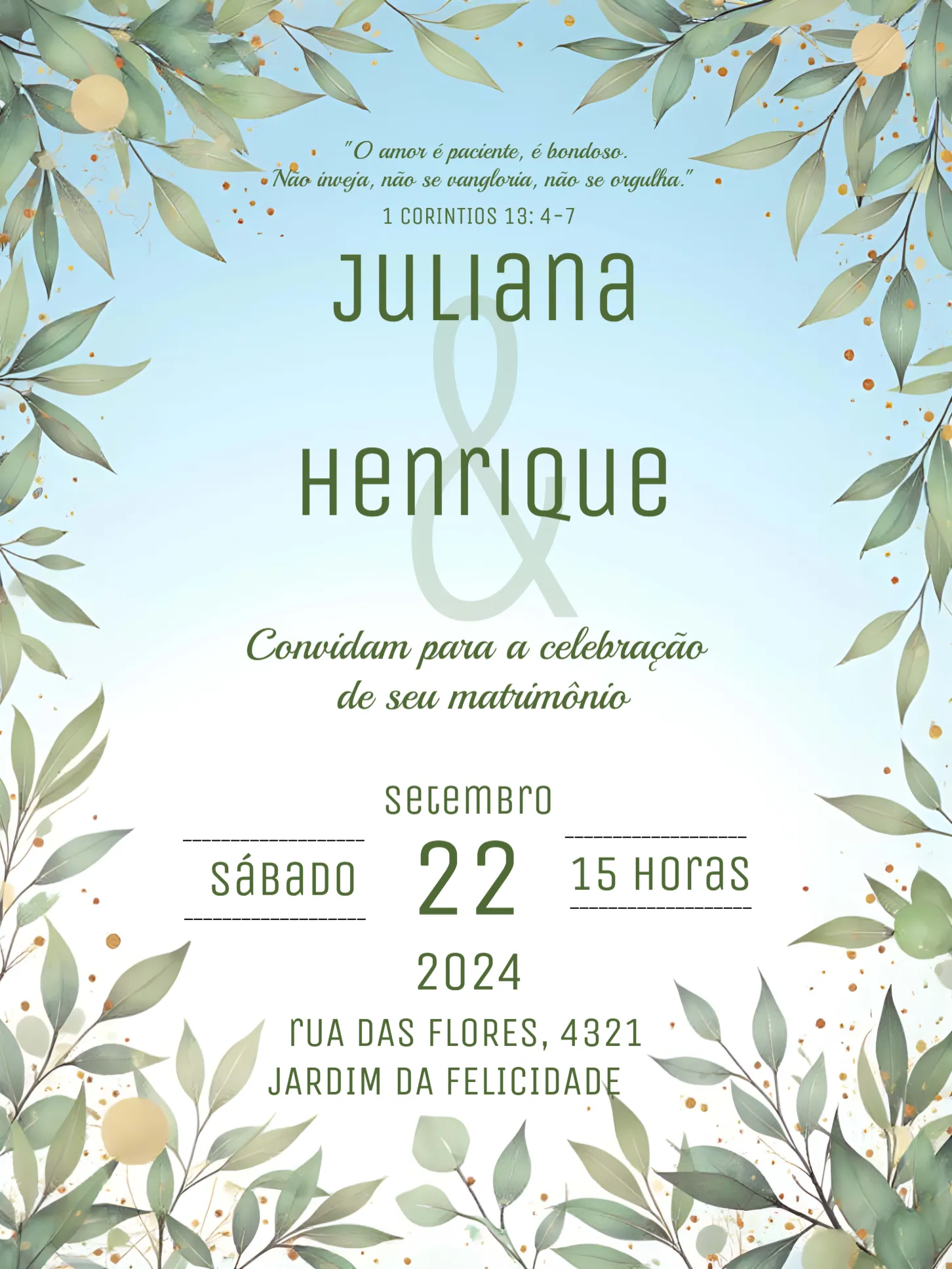 Convite Casamento Folhagem Elegante editável e personalizável