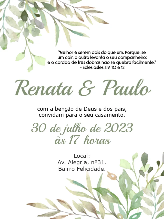 Convite Casamento Folhagem Noivos editável e personalizável