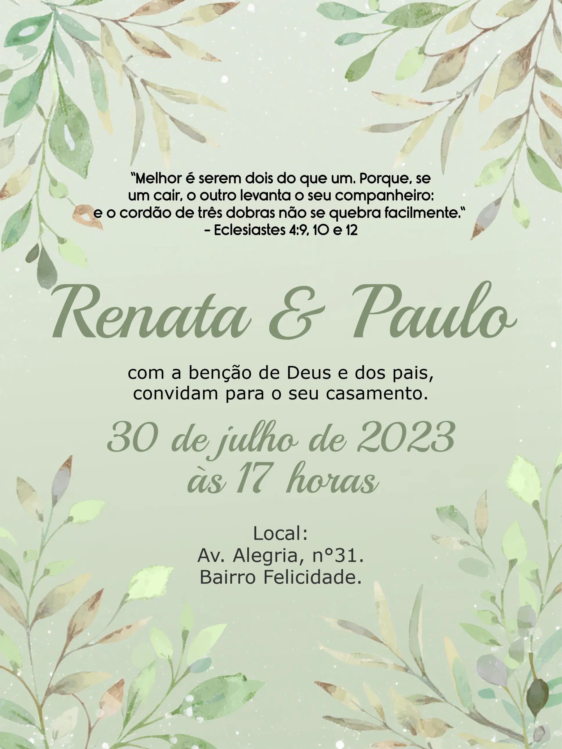 Convite Casamento Folhagem Noivos editável e personalizável