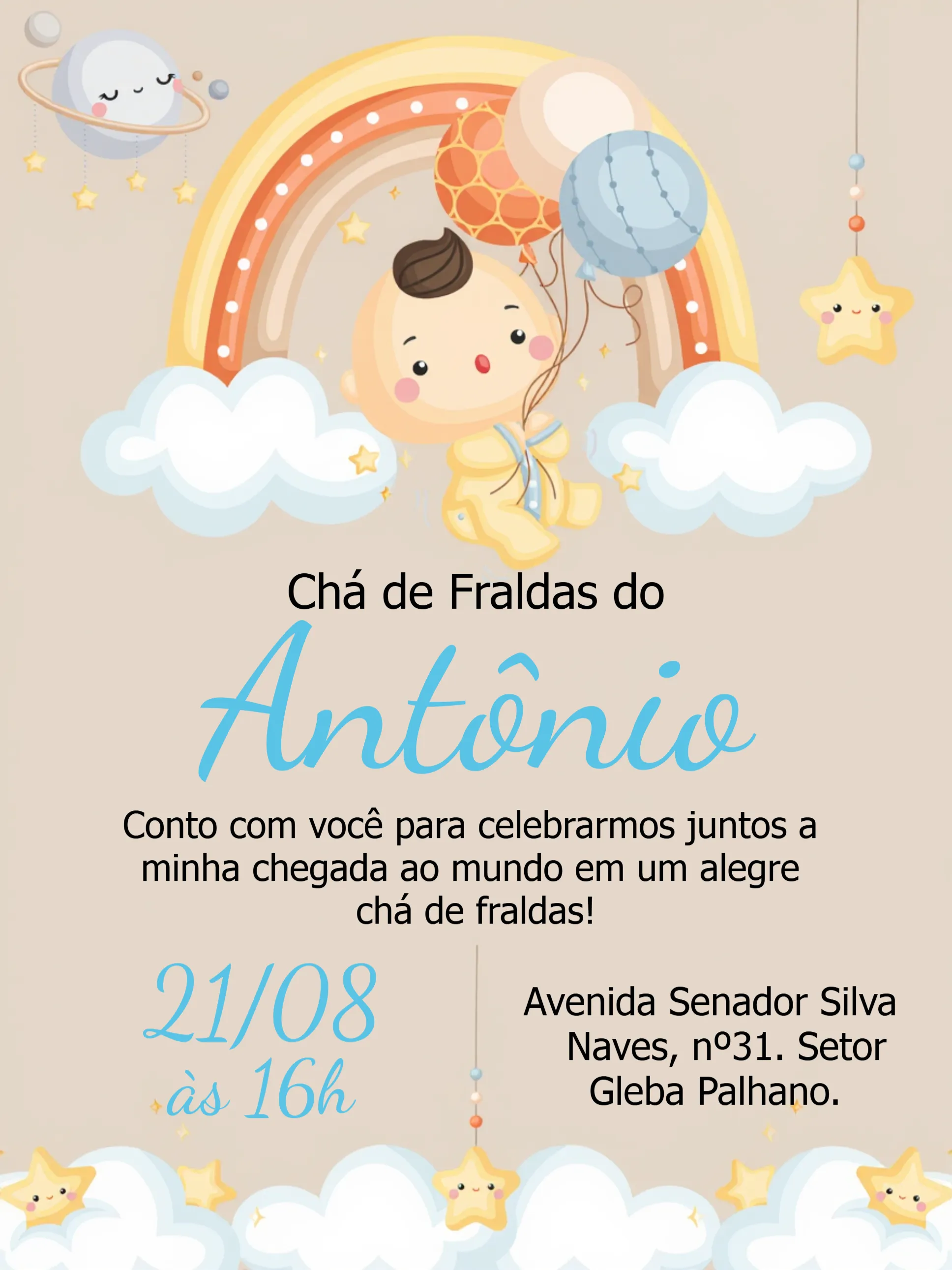 Convite Chá De Fraldas Bebê Arco Íris Menino - Especial | Convitede, image size:1936x2581
