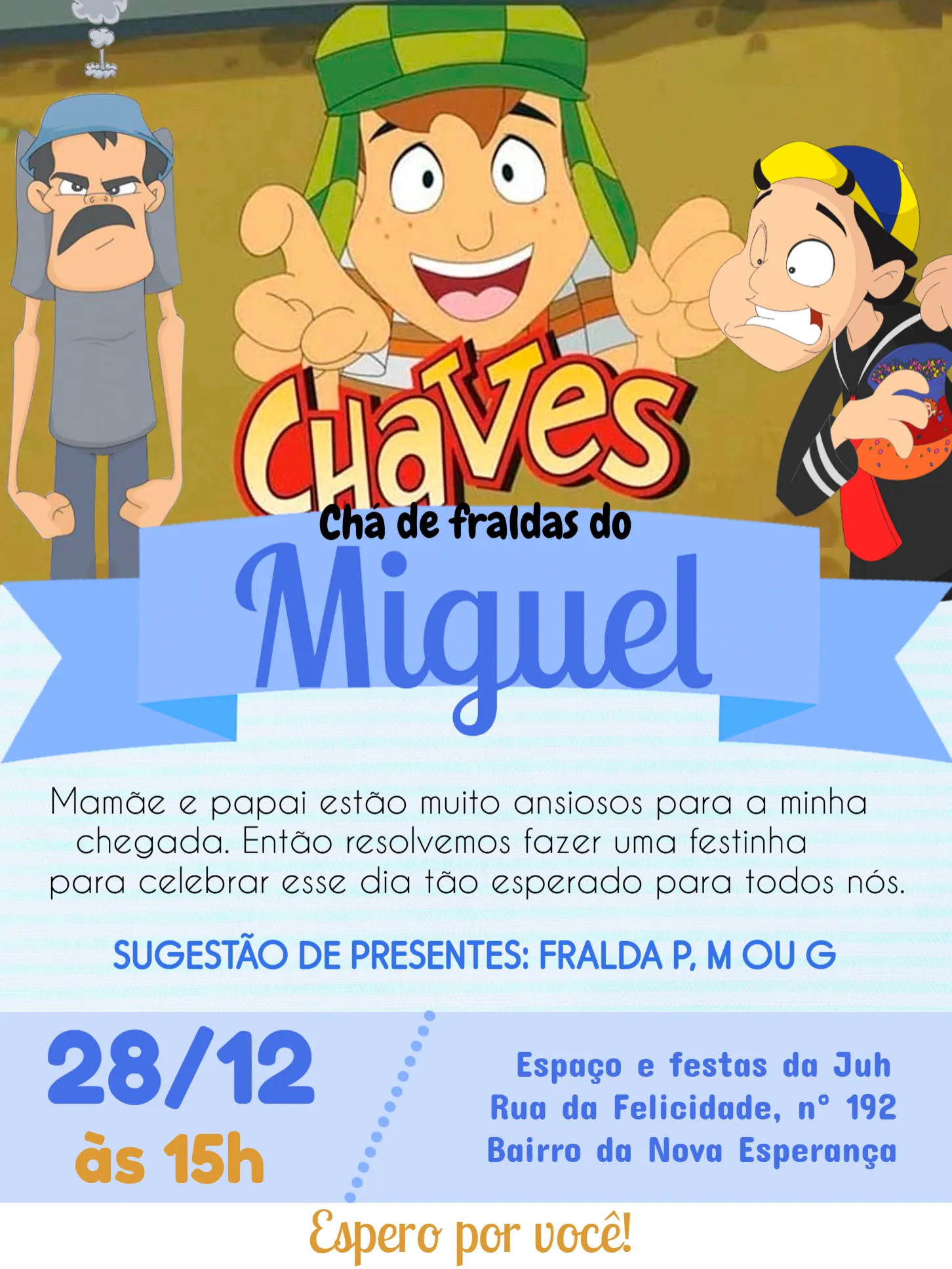 Convite Chá De Fraldas Chaves Bebê editável e personalizável