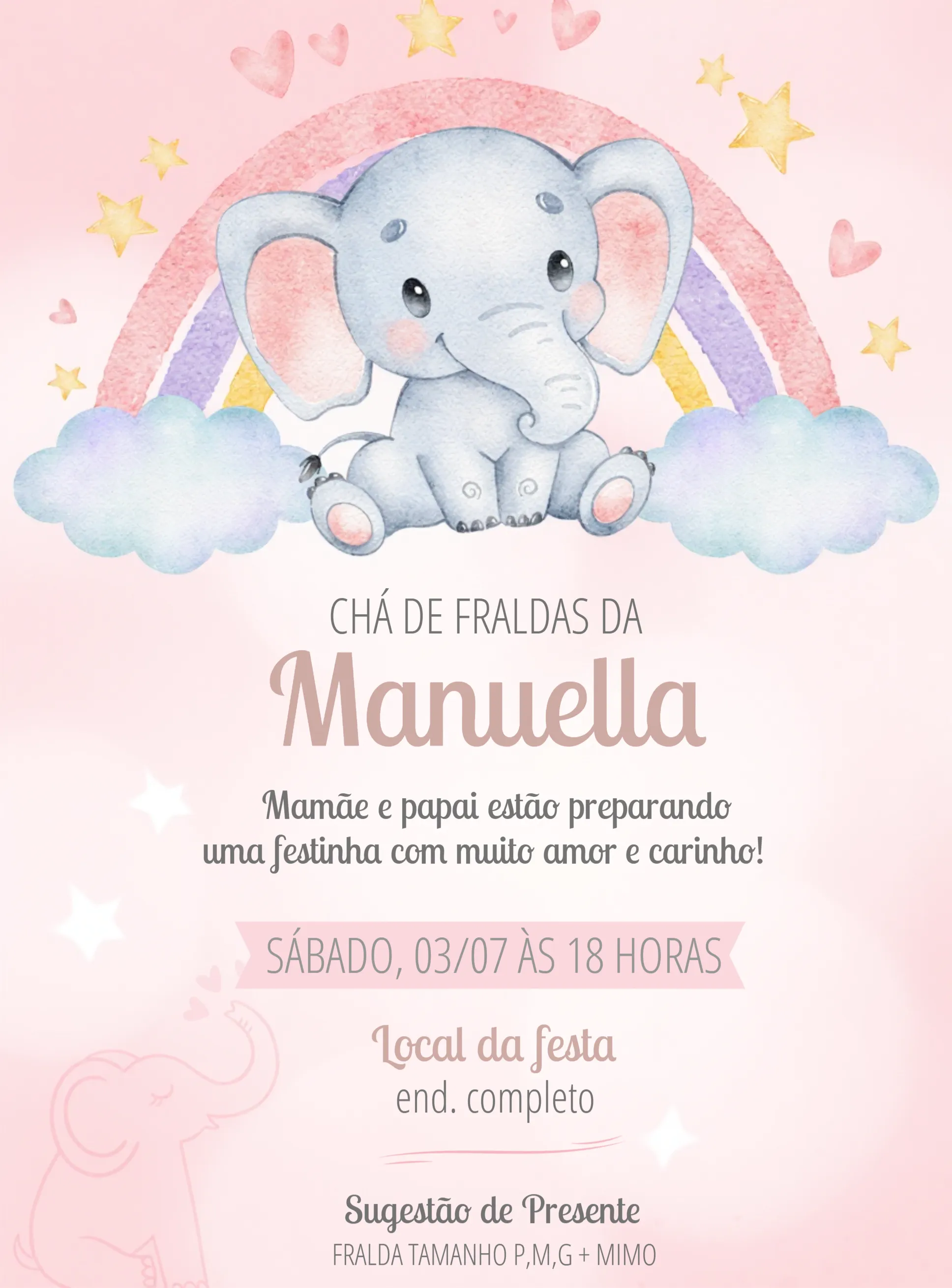 Convite Chá De Fraldas Elefantinho Bebê editável e personalizável