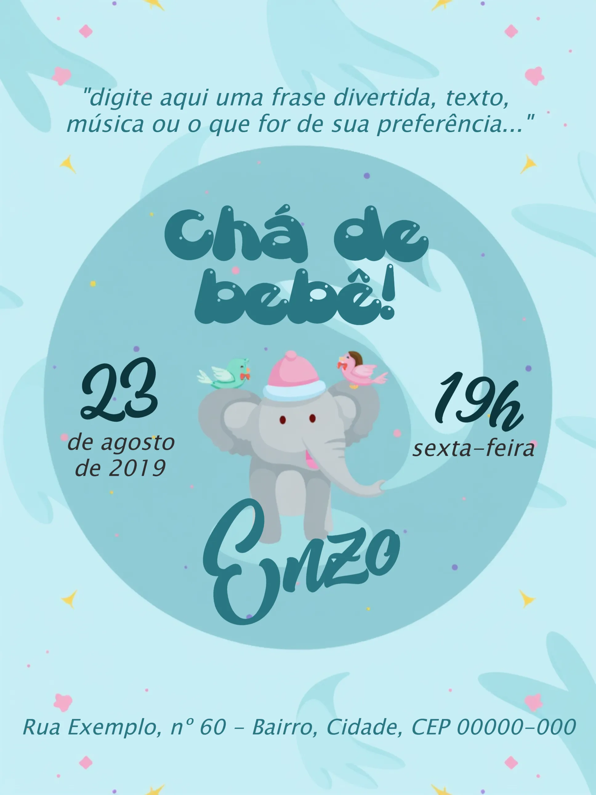 Convite Chá De Fraldas Elefantinho Menino editável e personalizável