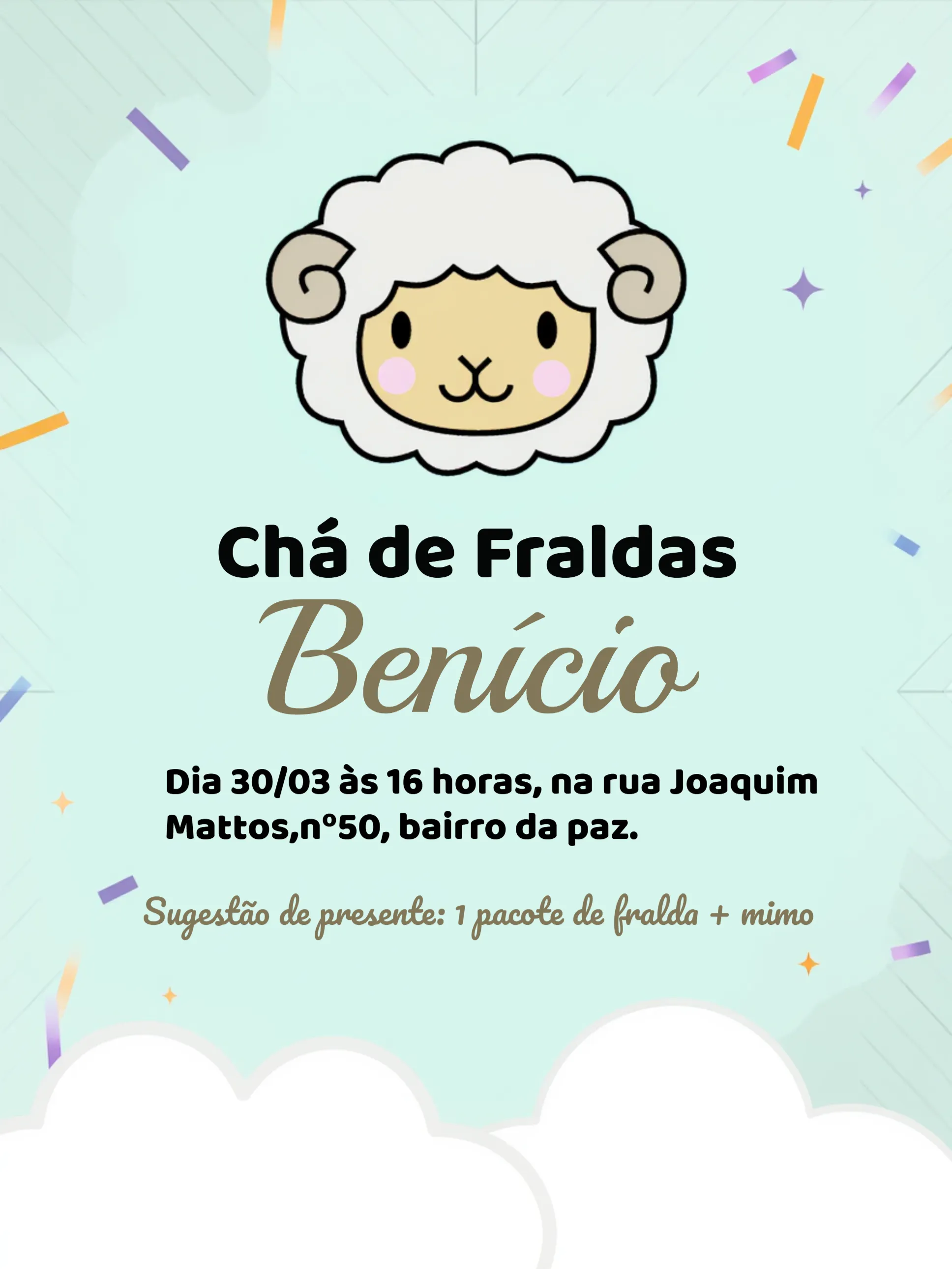 Convite Chá De Fraldas Ovelha Cinza.branco editável e personalizável
