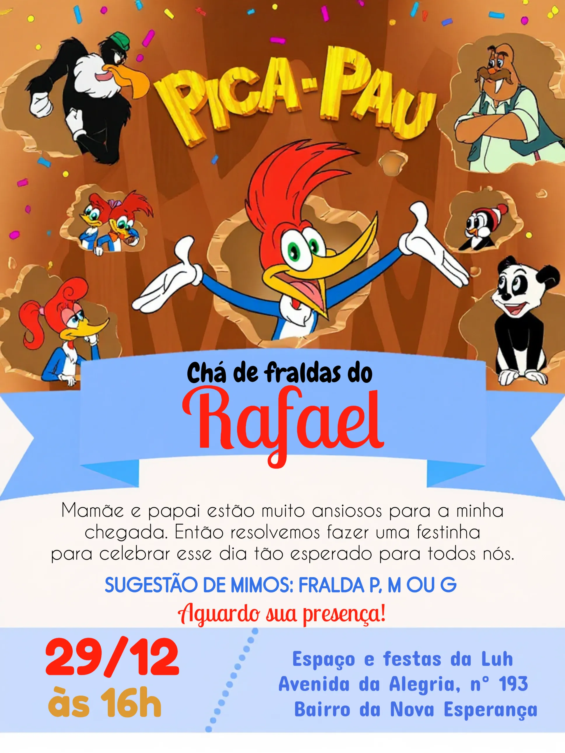 Convite Chá De Fraldas Pica Pau Bebê editável e personalizável