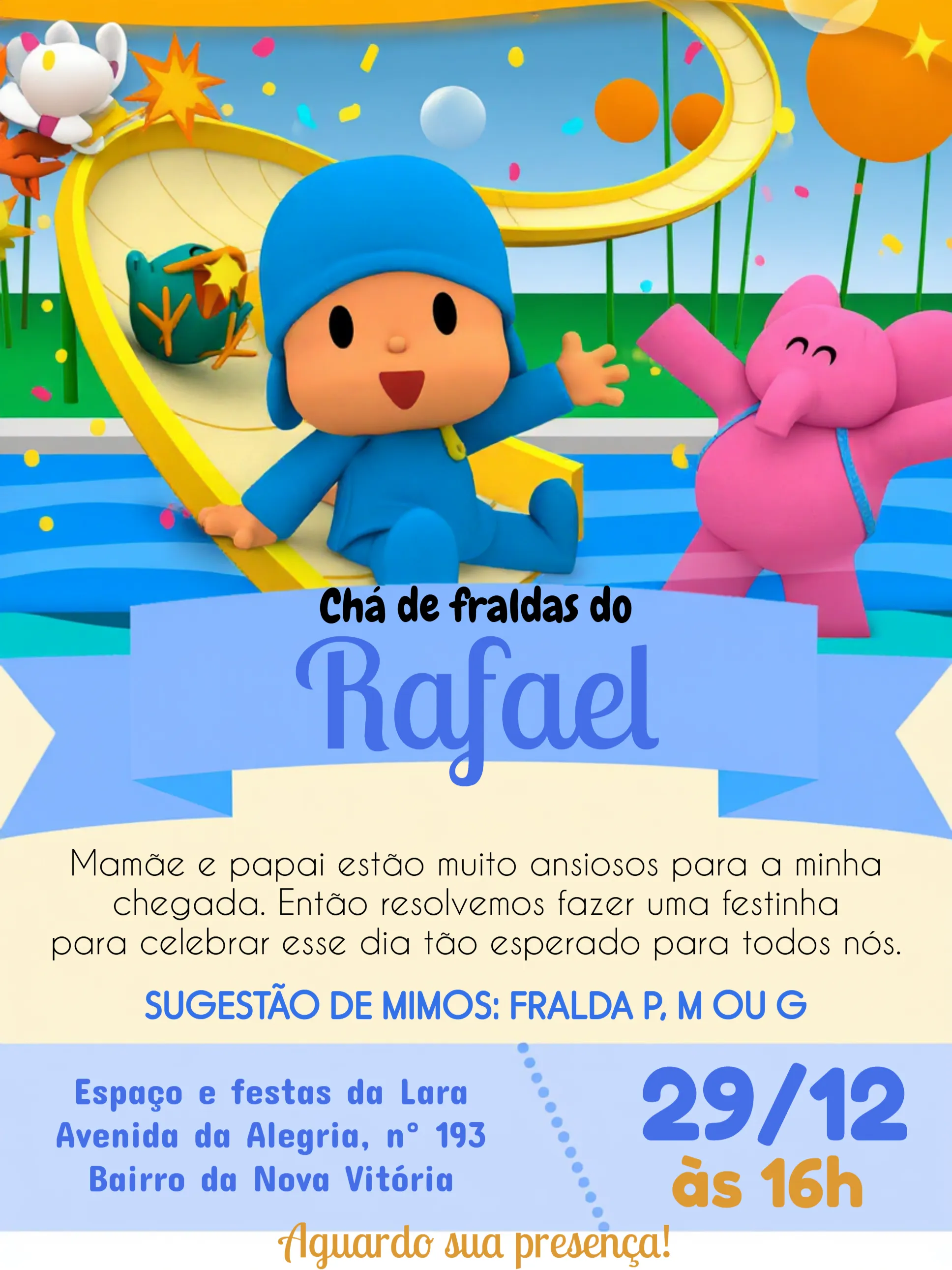 Convite Chá De Fraldas Pocoyo Rosa editável e personalizável